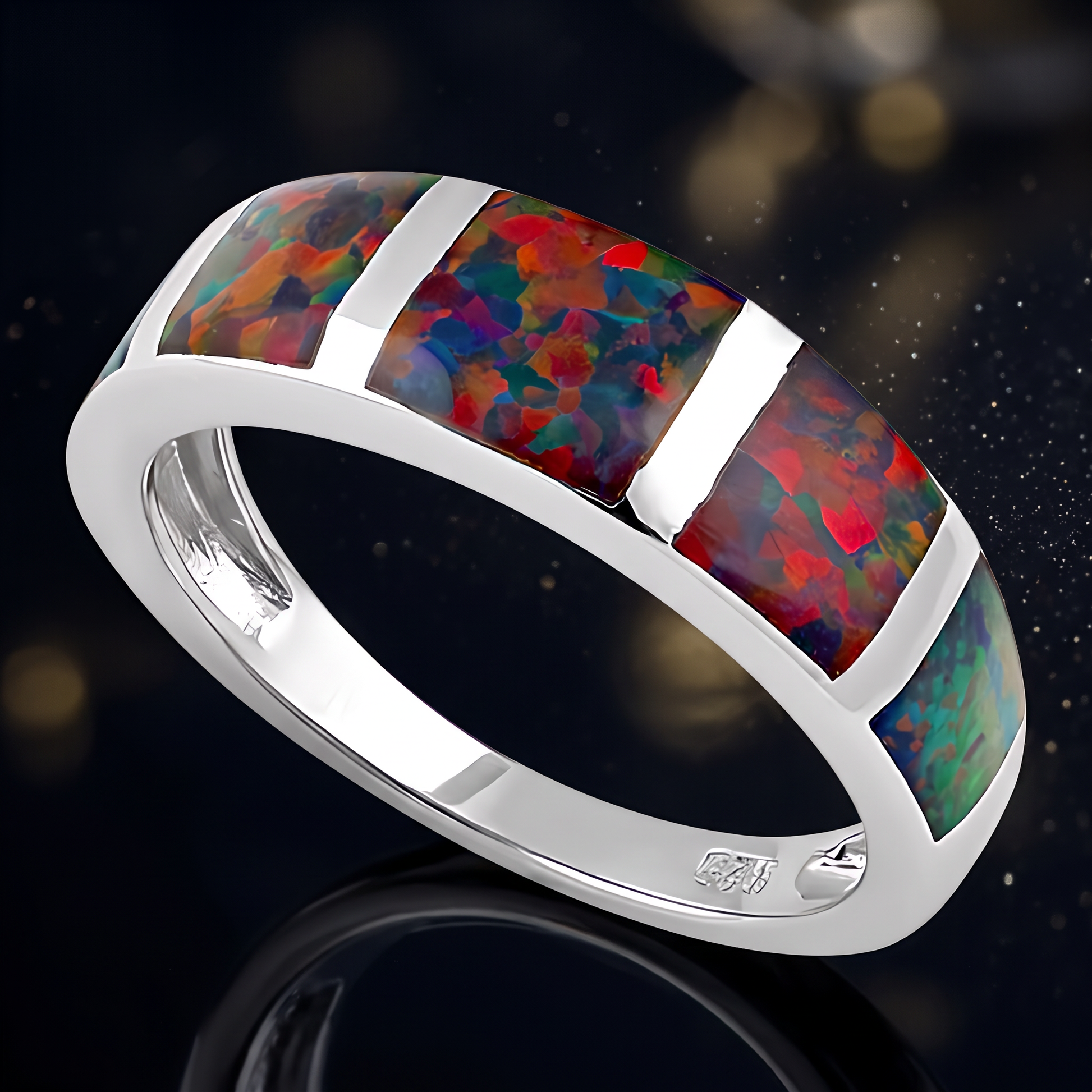 Sterling Silver 5 Bar Black Lab Opal Ring close-up