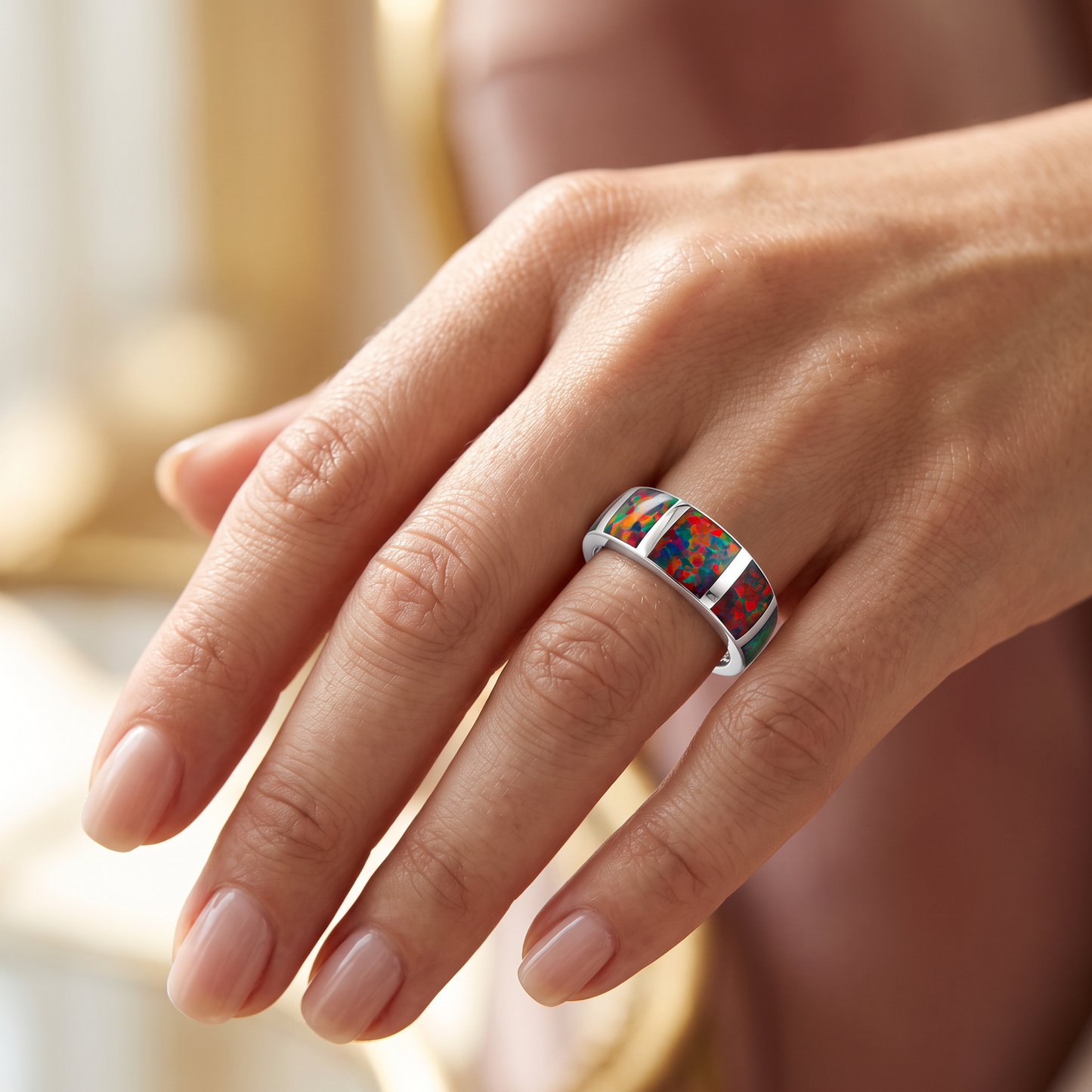 Sterling Silver 5 Bar Black Lab Opal Ring worn on hand
