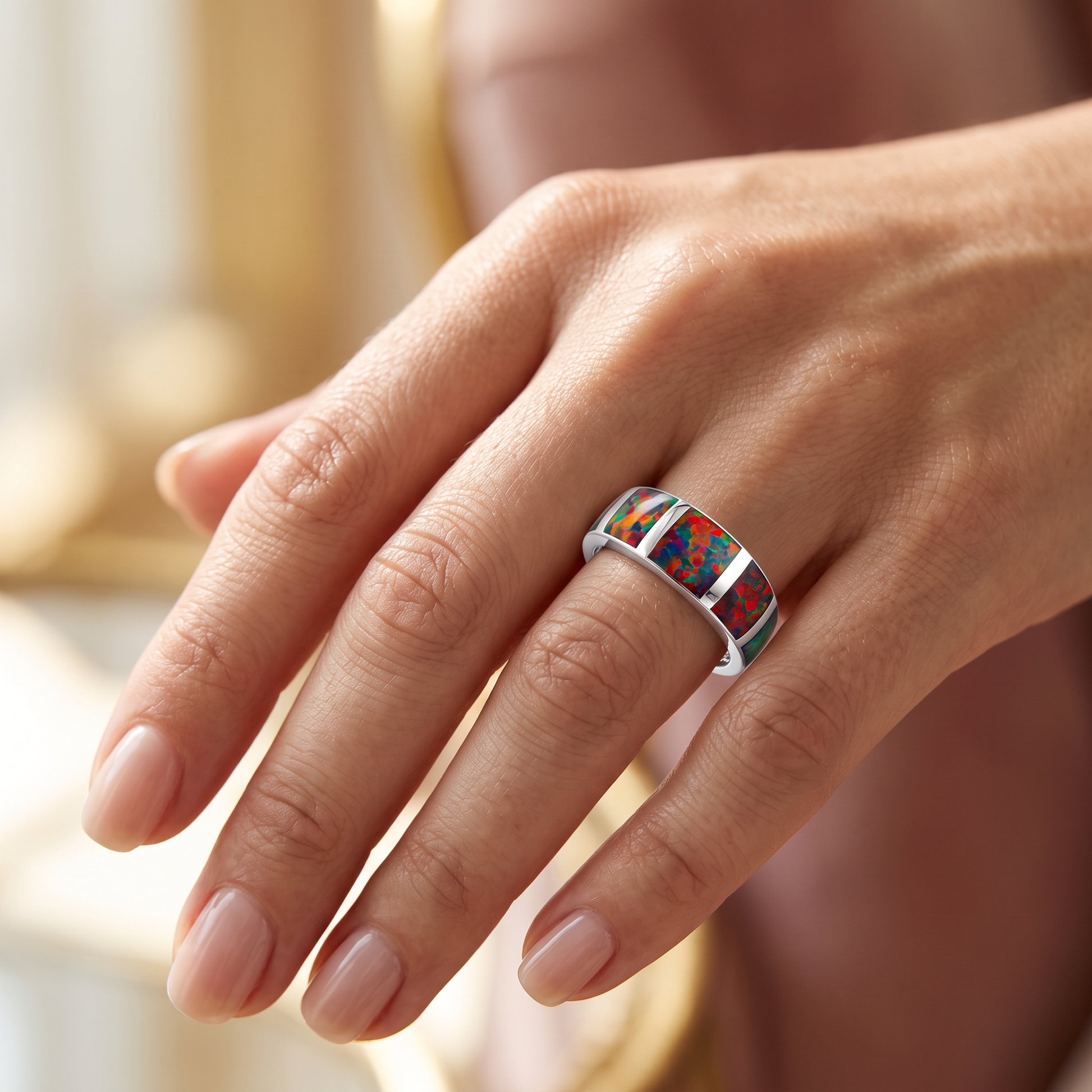 Sterling Silver 5 Bar Black Lab Opal Ring worn on hand