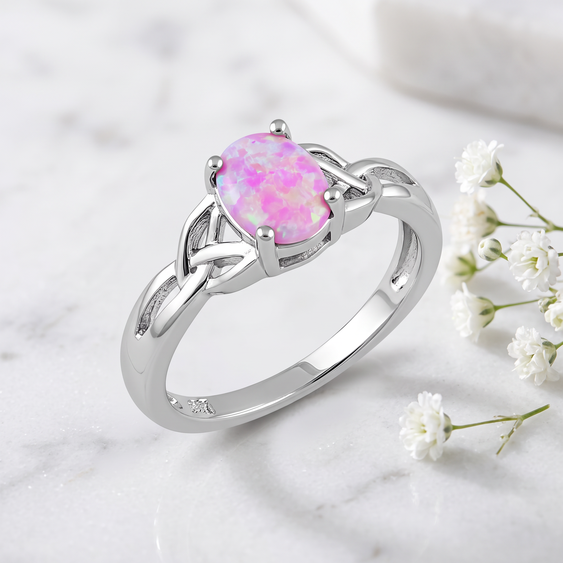 Sterling Silver Center Stone Charmed Pink Lab Opal Ring on marble