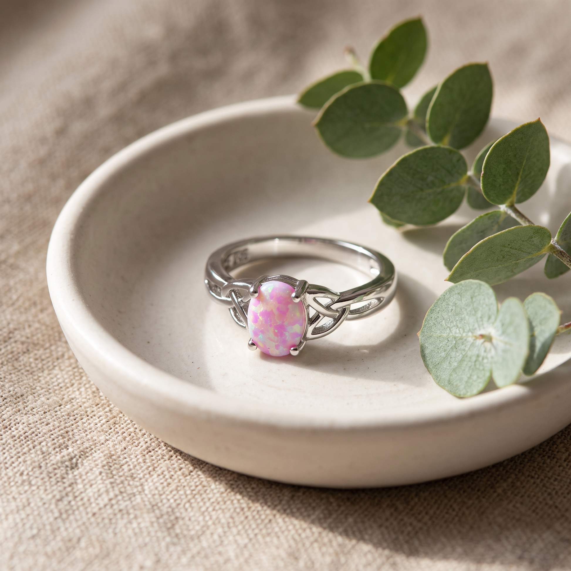 Sterling Silver Center Stone Charmed Pink Lab Opal Ring styled