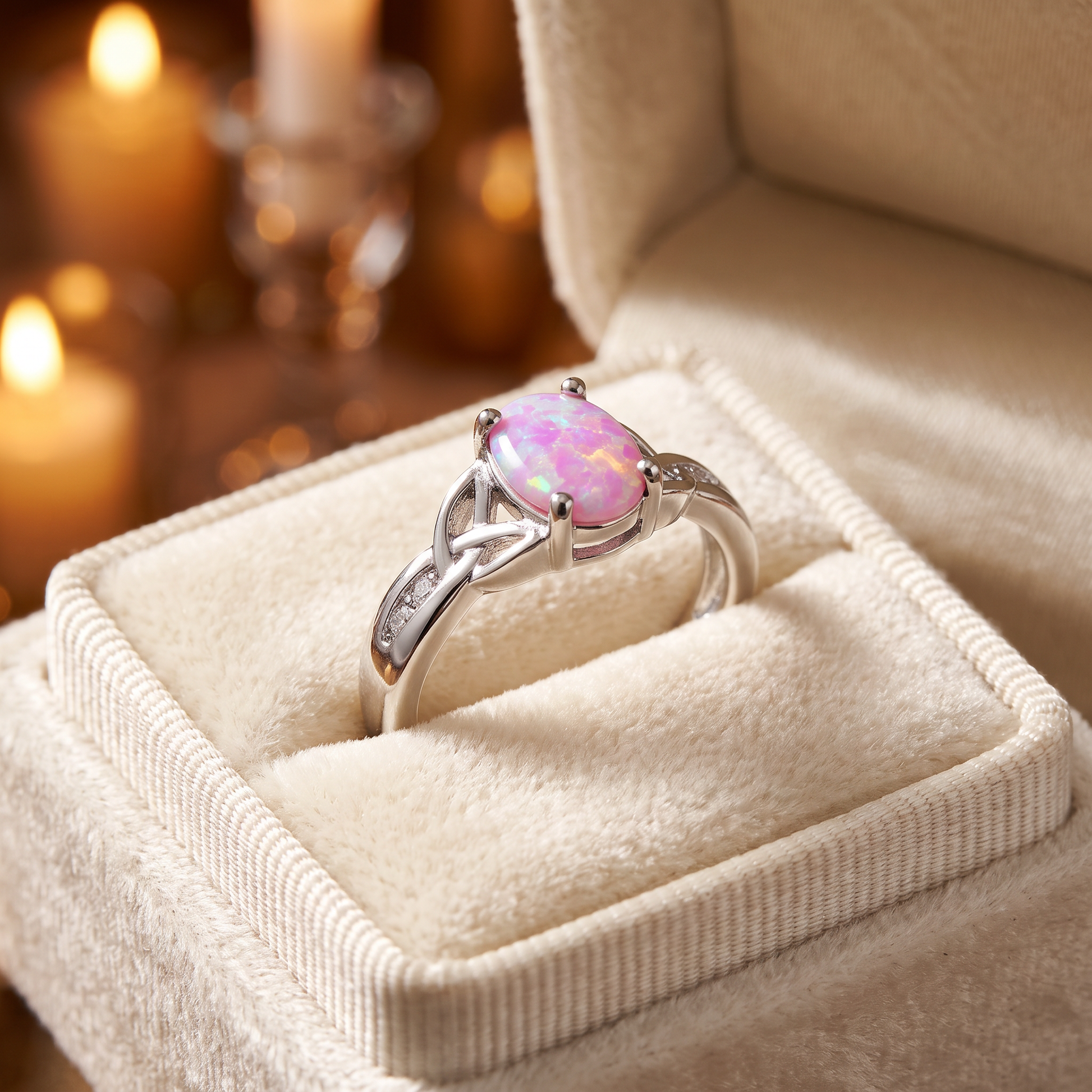 Sterling Silver Center Stone Charmed Pink Lab Opal Ring gift box