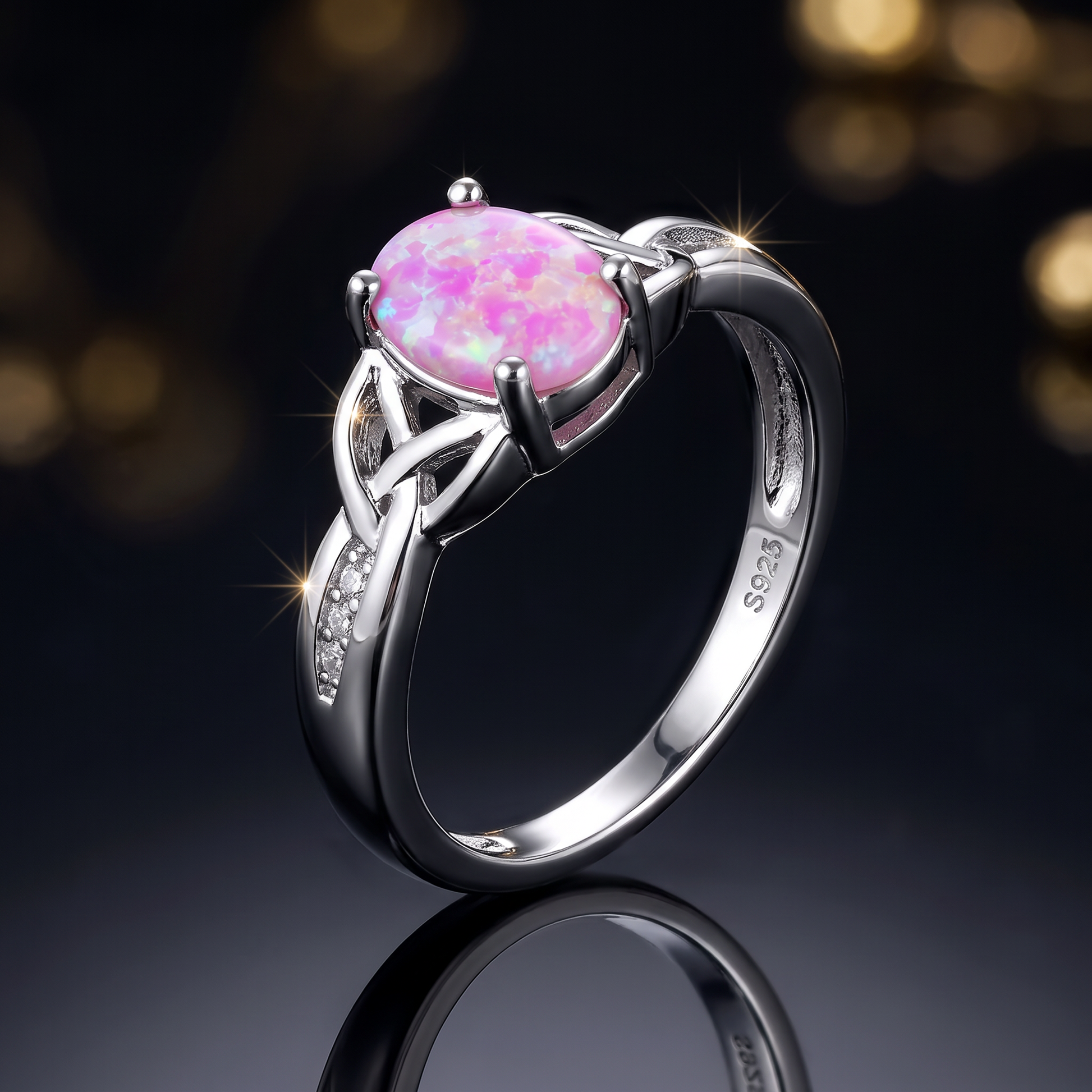 Sterling Silver Center Stone Charmed Pink Lab Opal Ring close-up