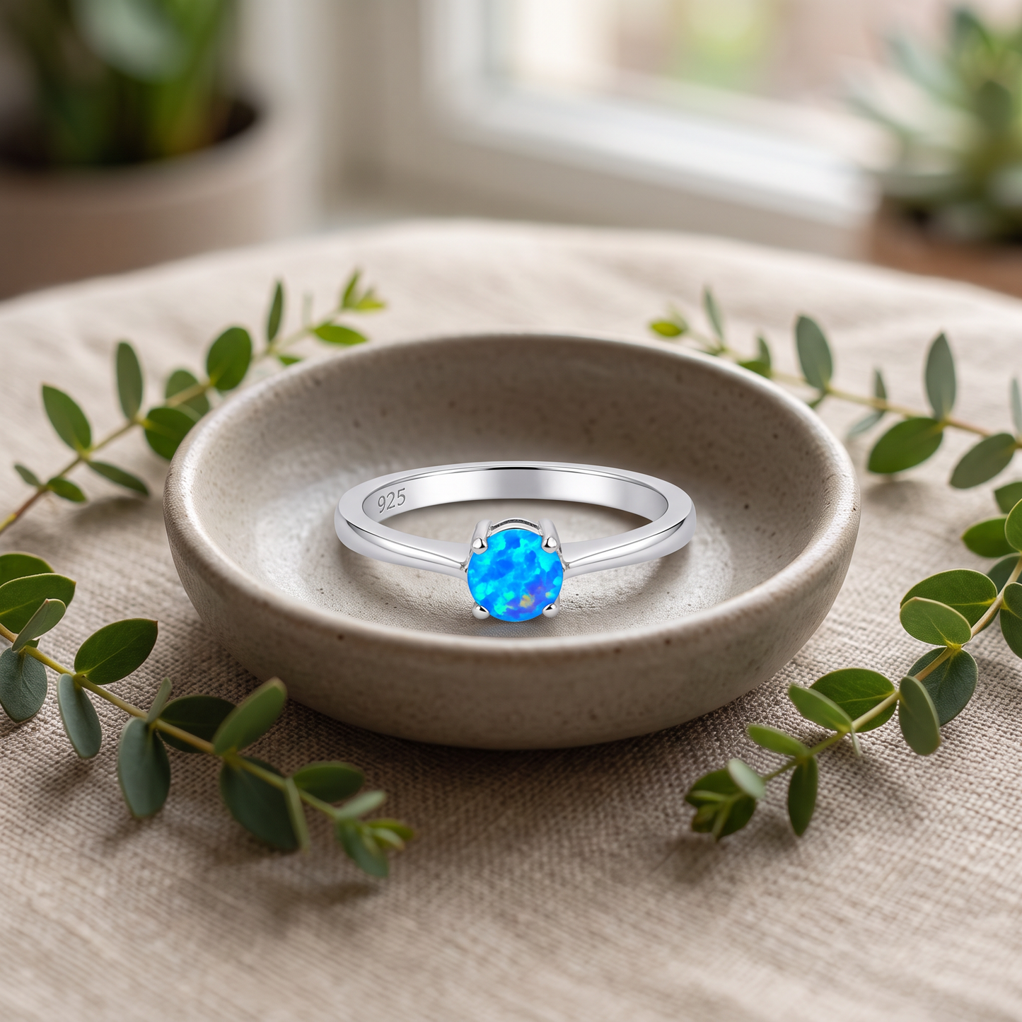 Sterling Silver Round Blue Lab Opal Ring styled