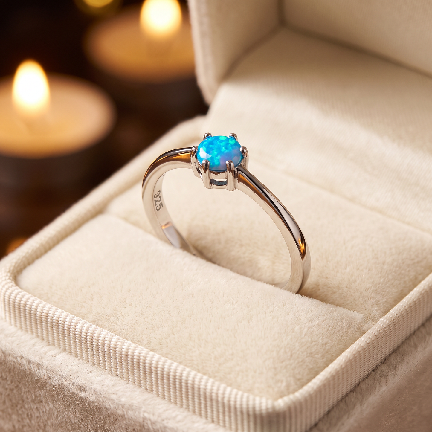 Sterling Silver Round Blue Lab Opal Ring gift box