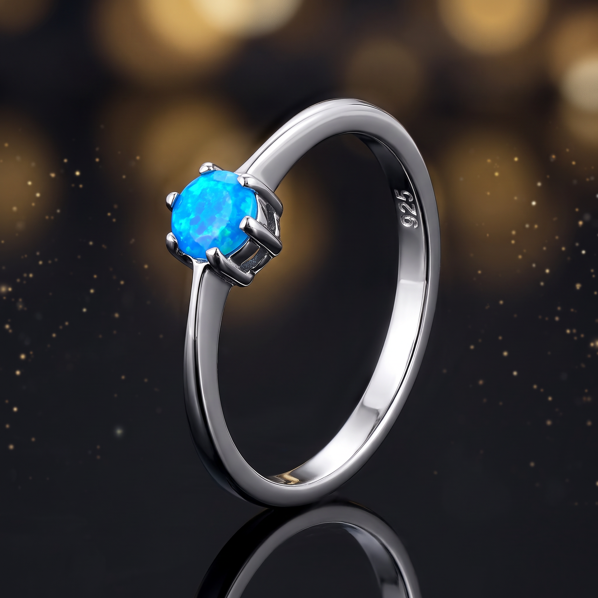 Sterling Silver Round Blue Lab Opal Ring close-up