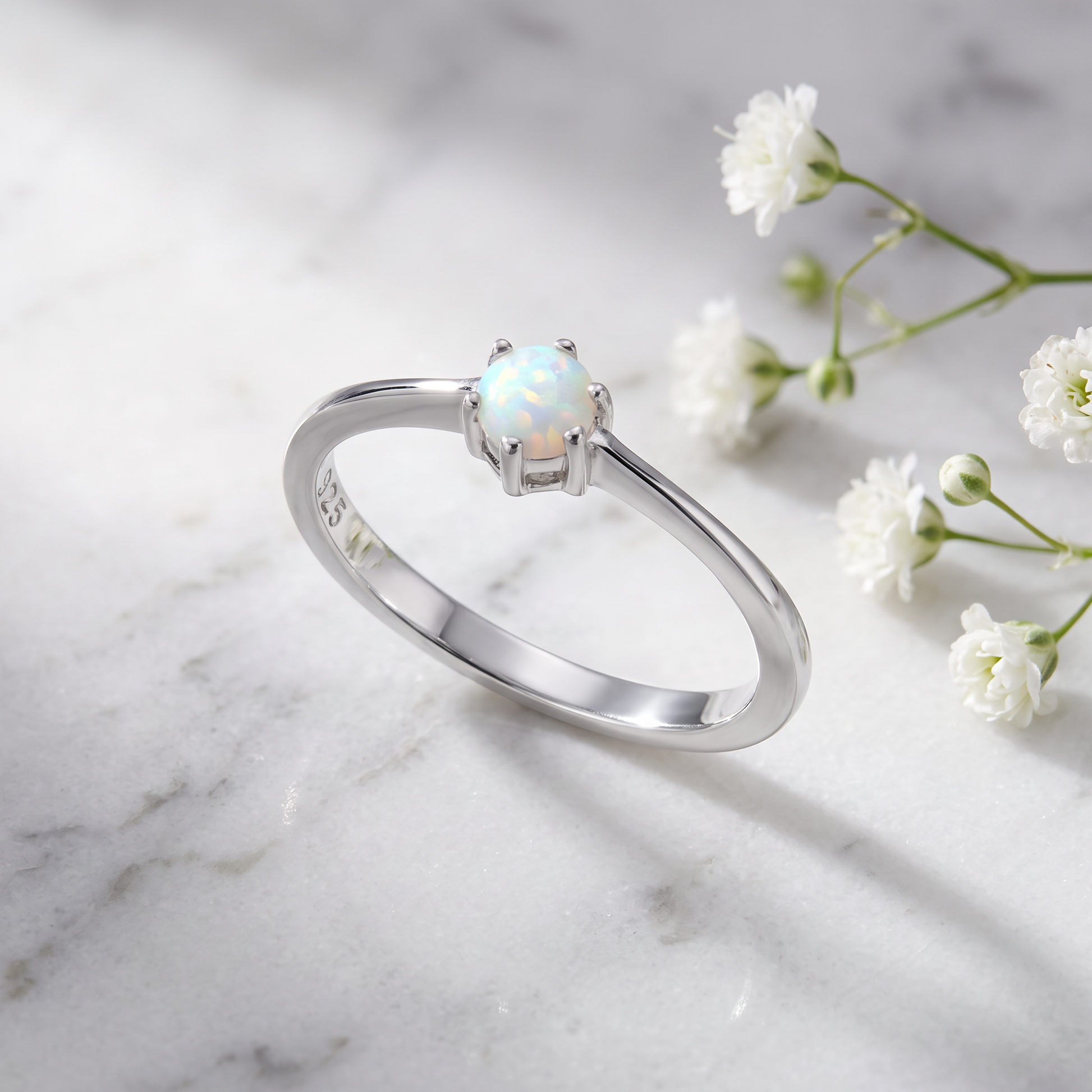 Sterling Silver Round White Lab Opal Ring on marble