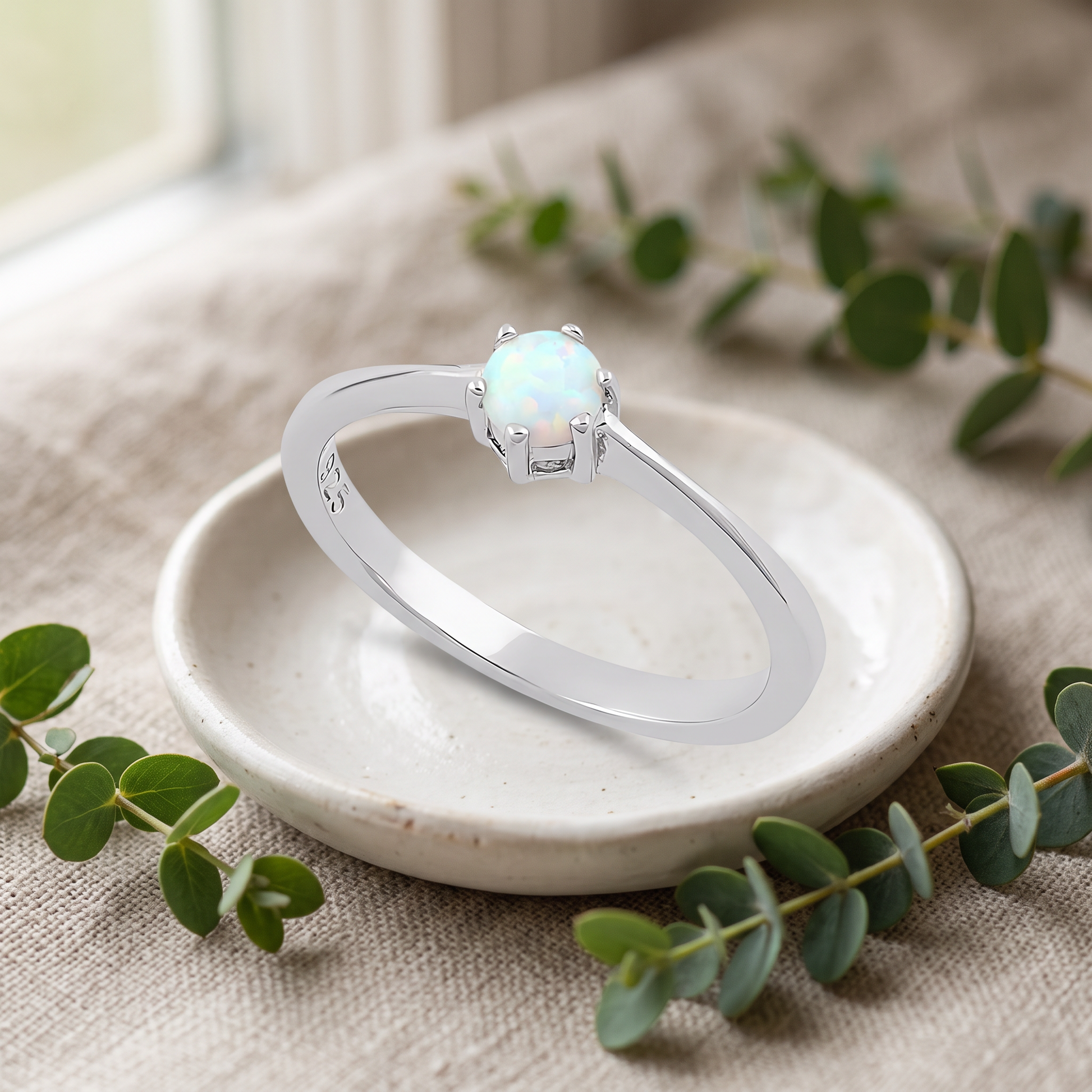 Sterling Silver Round White Lab Opal Ring styled