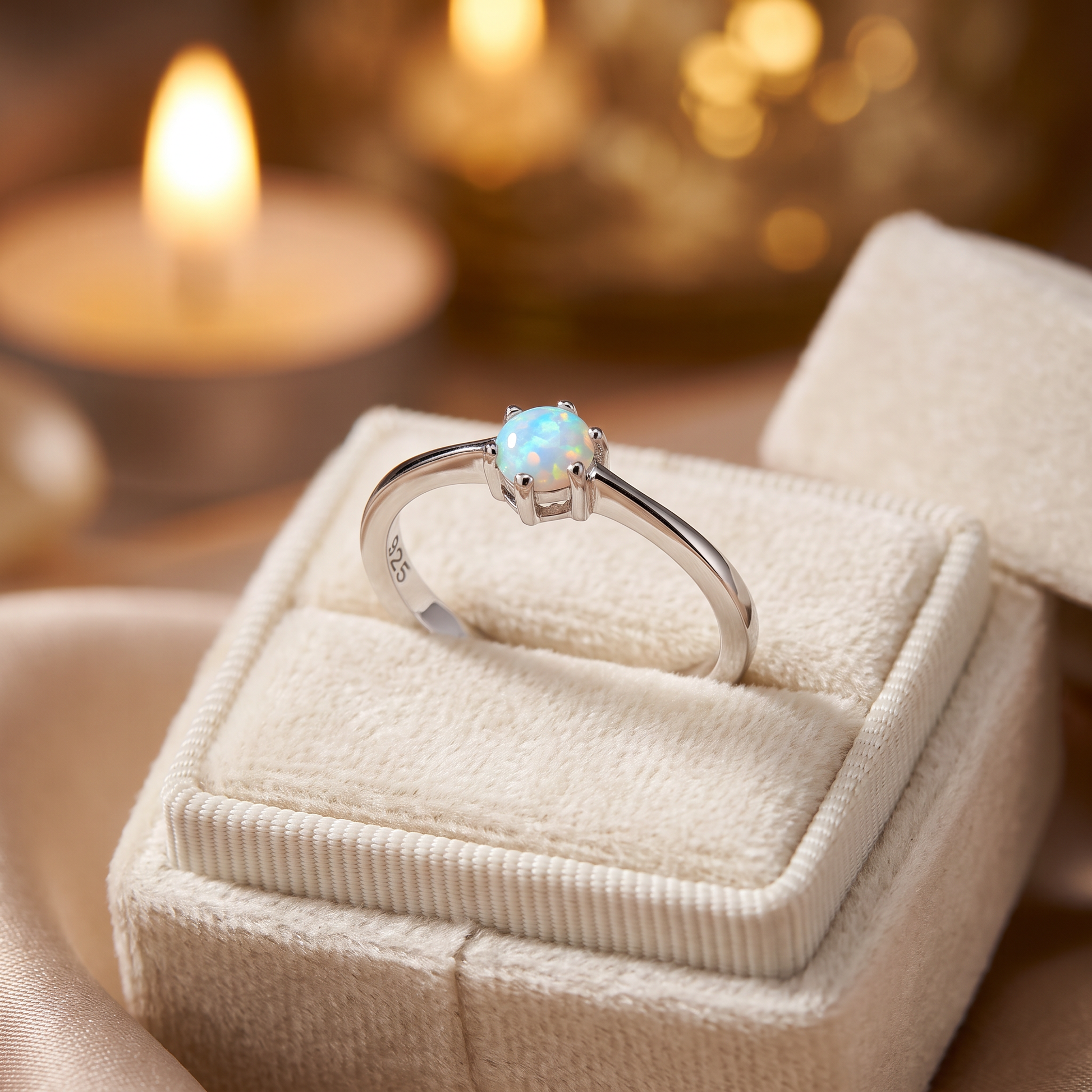 Sterling Silver Round White Lab Opal Ring gift box