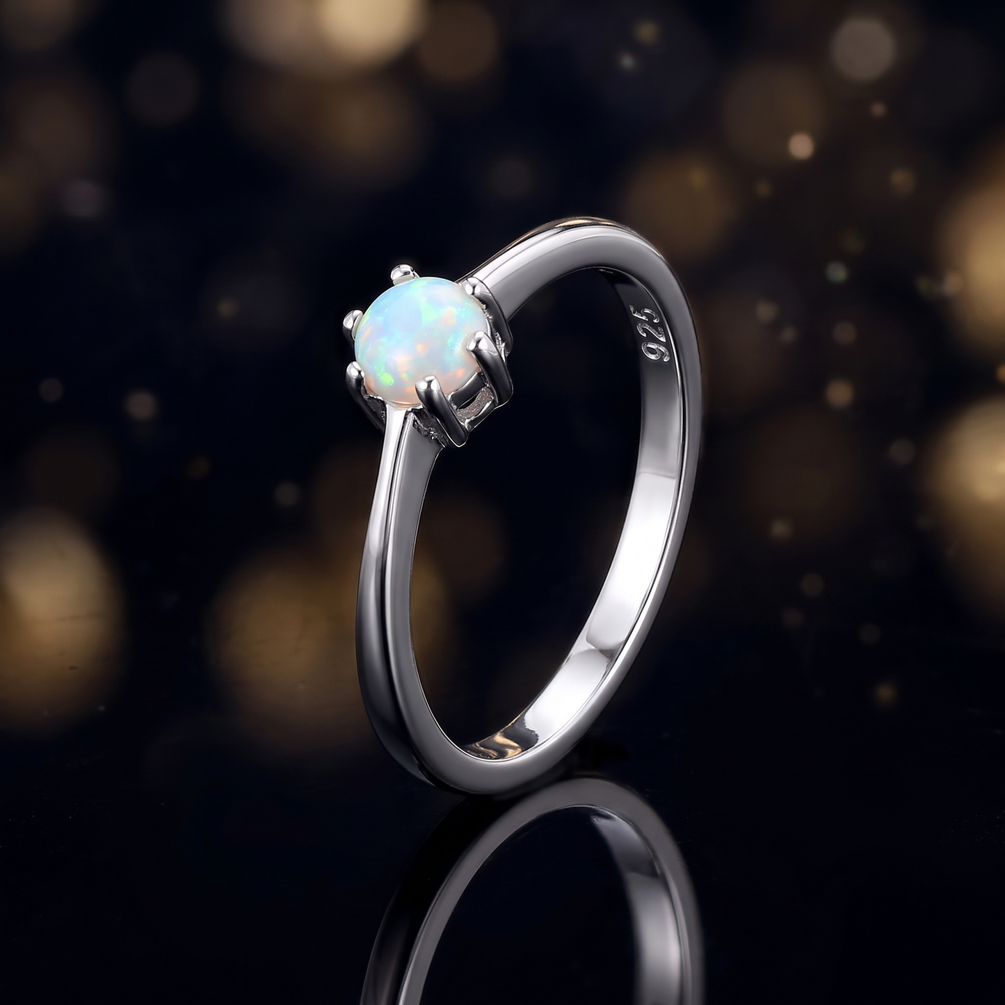 Sterling Silver Round White Lab Opal Ring close-up
