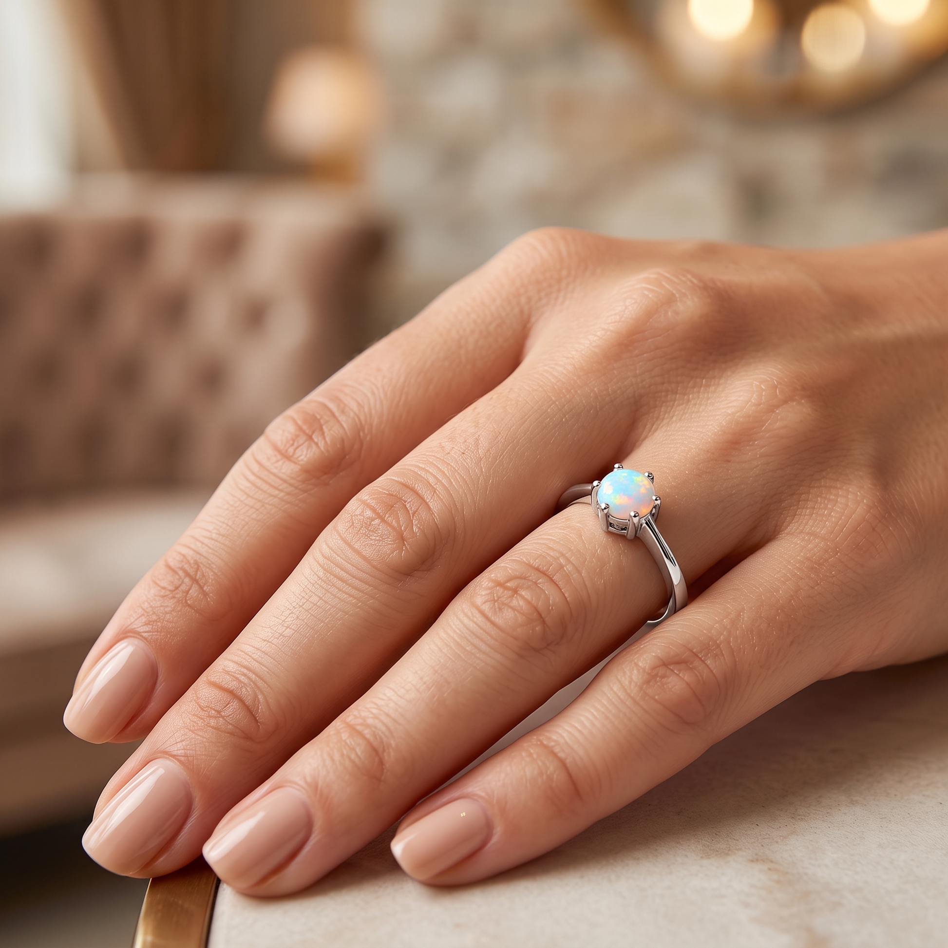 Sterling Silver Round White Lab Opal Ring worn on hand