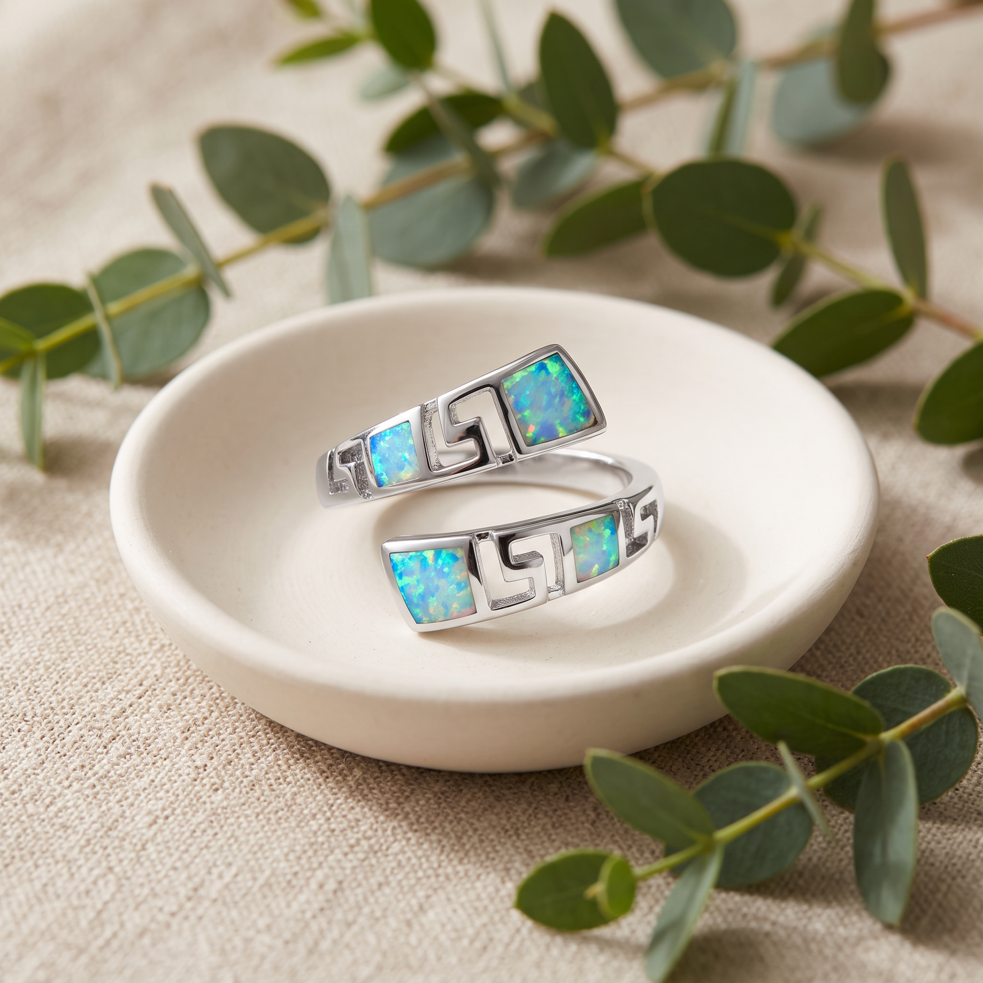 Sterling Silver Unique Pattern White Lab Opal Ring styled