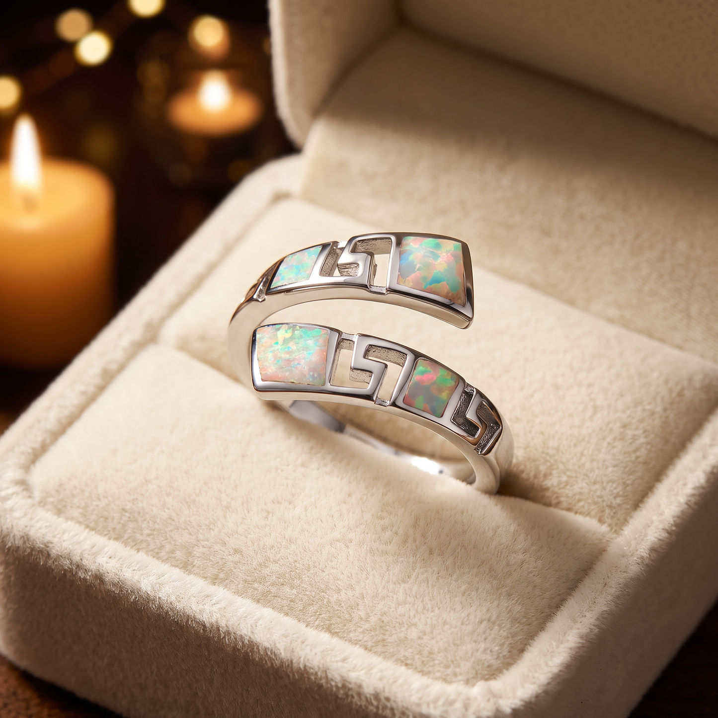 Sterling Silver Unique Pattern White Lab Opal Ring gift box