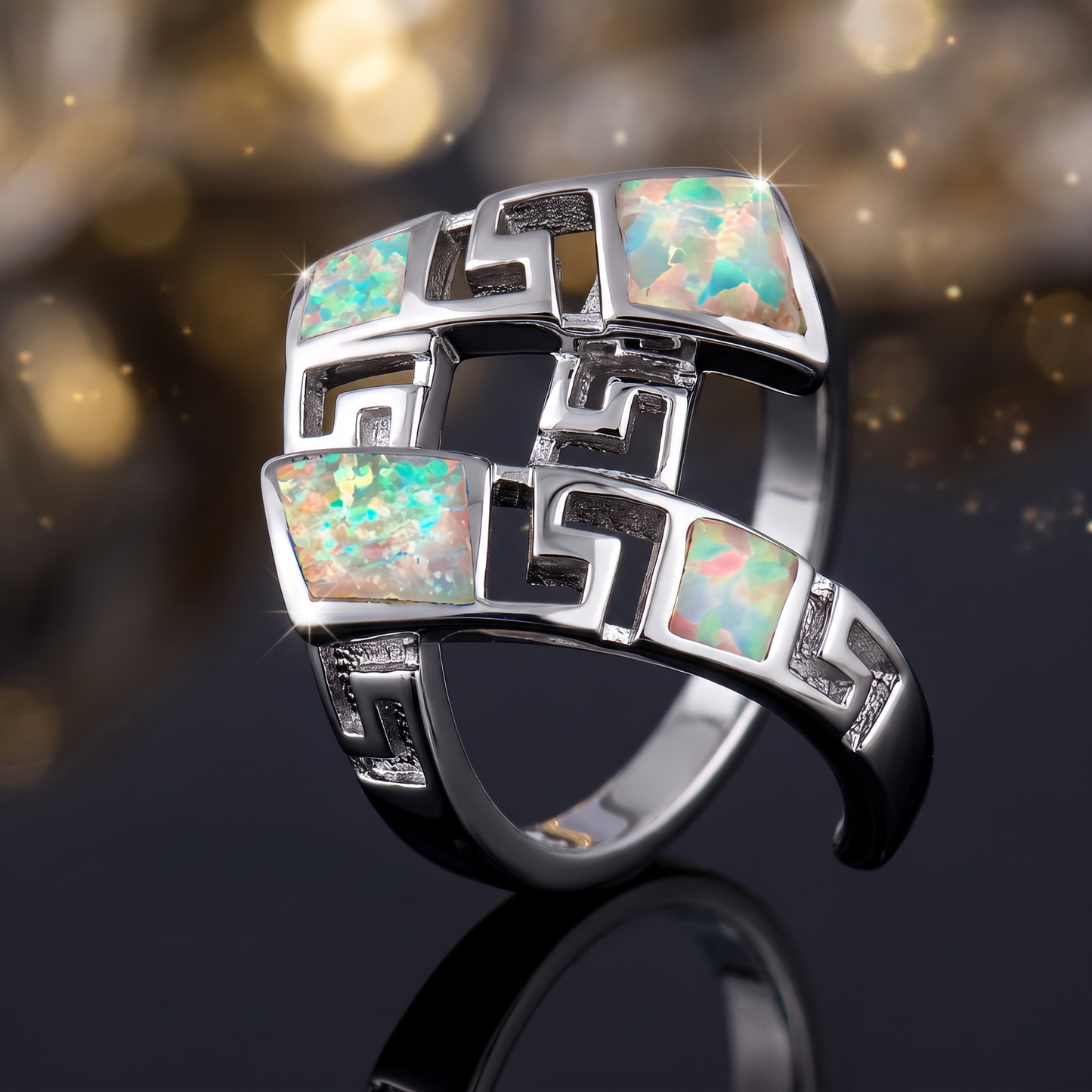 Sterling Silver Unique Pattern White Lab Opal Ring close-up
