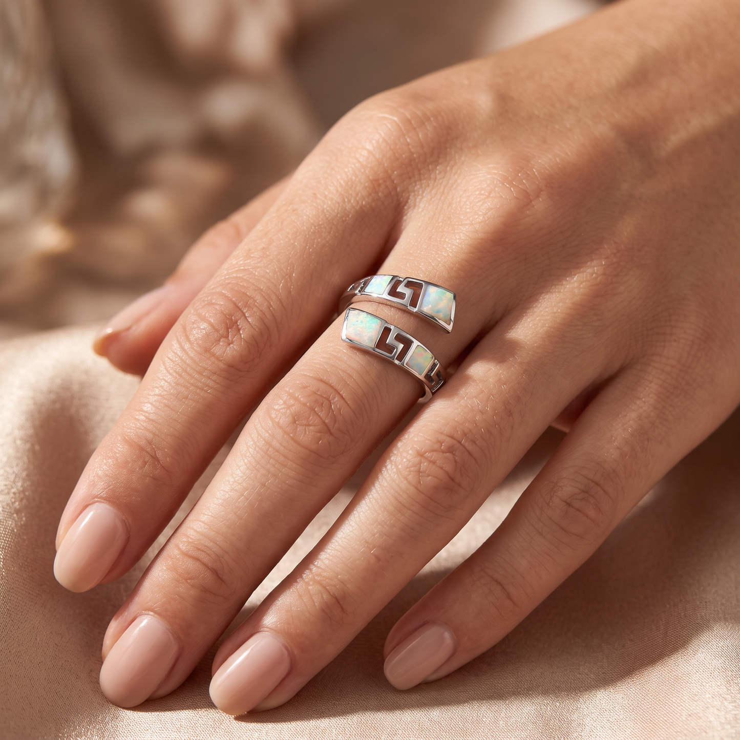 Sterling Silver Unique Pattern White Lab Opal Ring worn on hand