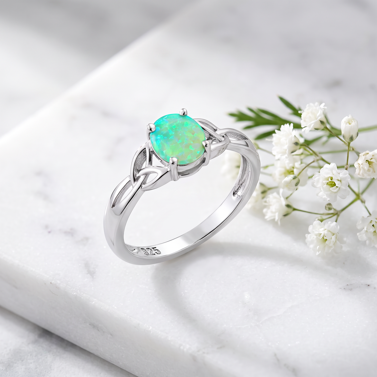 Sterling Silver Center Stone Charmed Green Lab Opal Ring on marble
