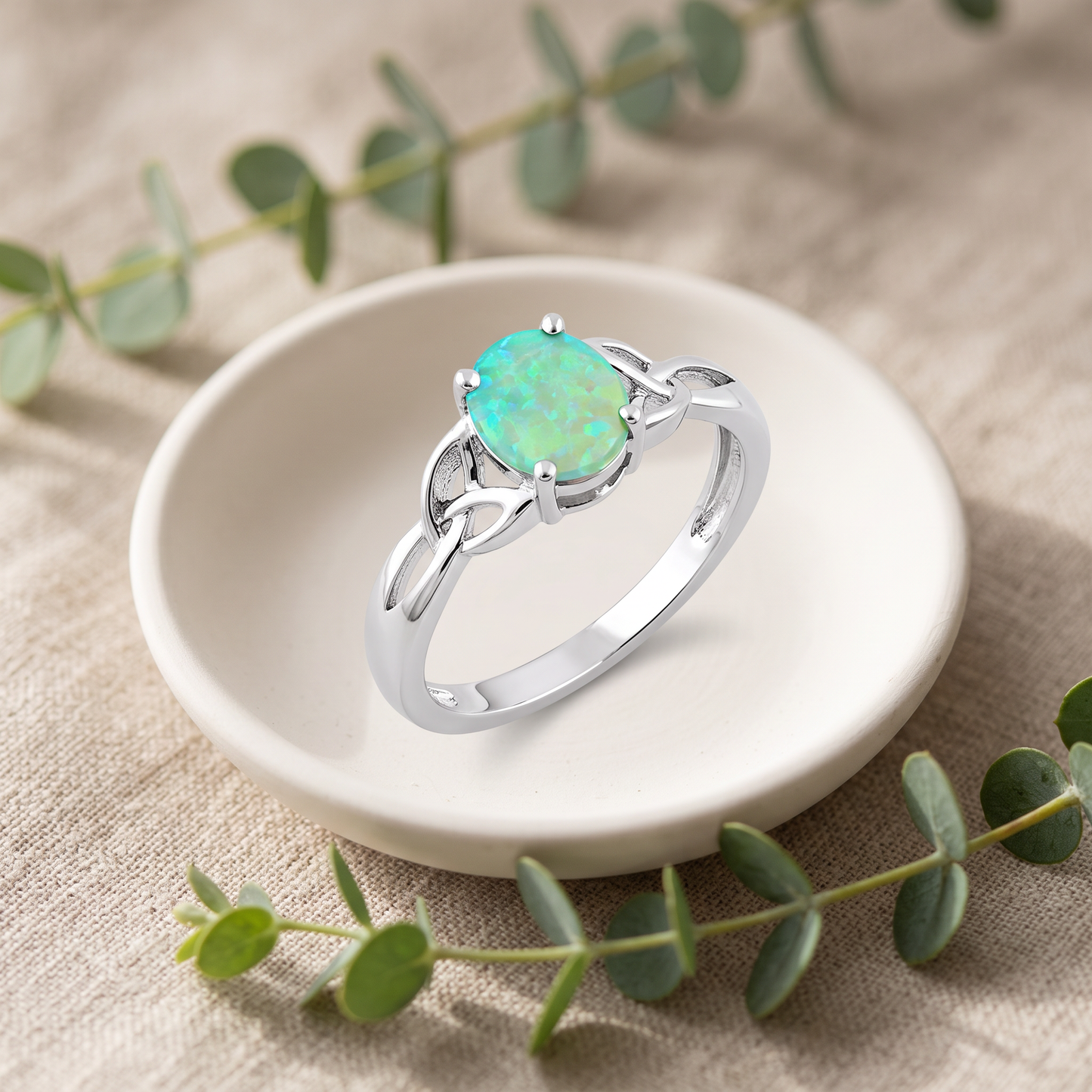 Sterling Silver Center Stone Charmed Green Lab Opal Ring styled
