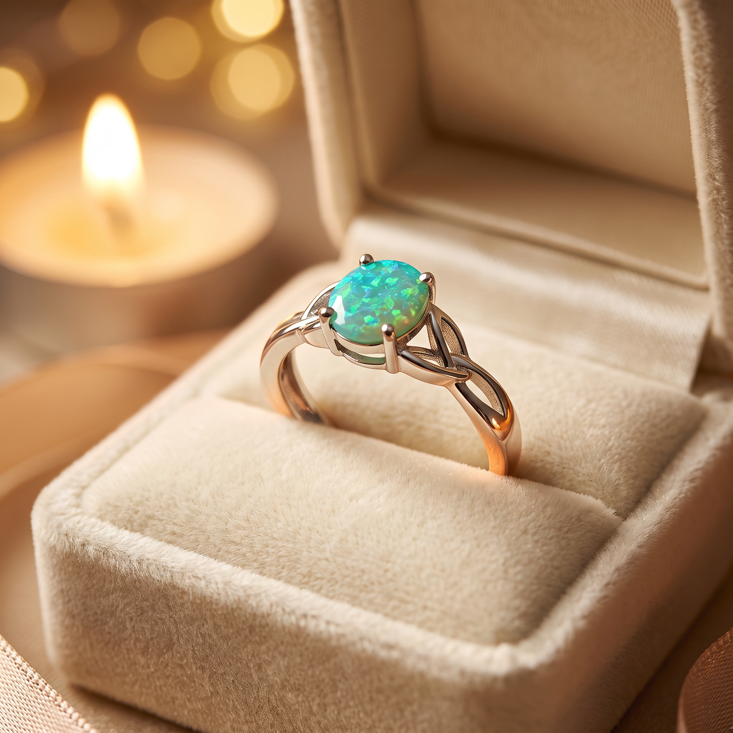 Sterling Silver Center Stone Charmed Green Lab Opal Ring gift box