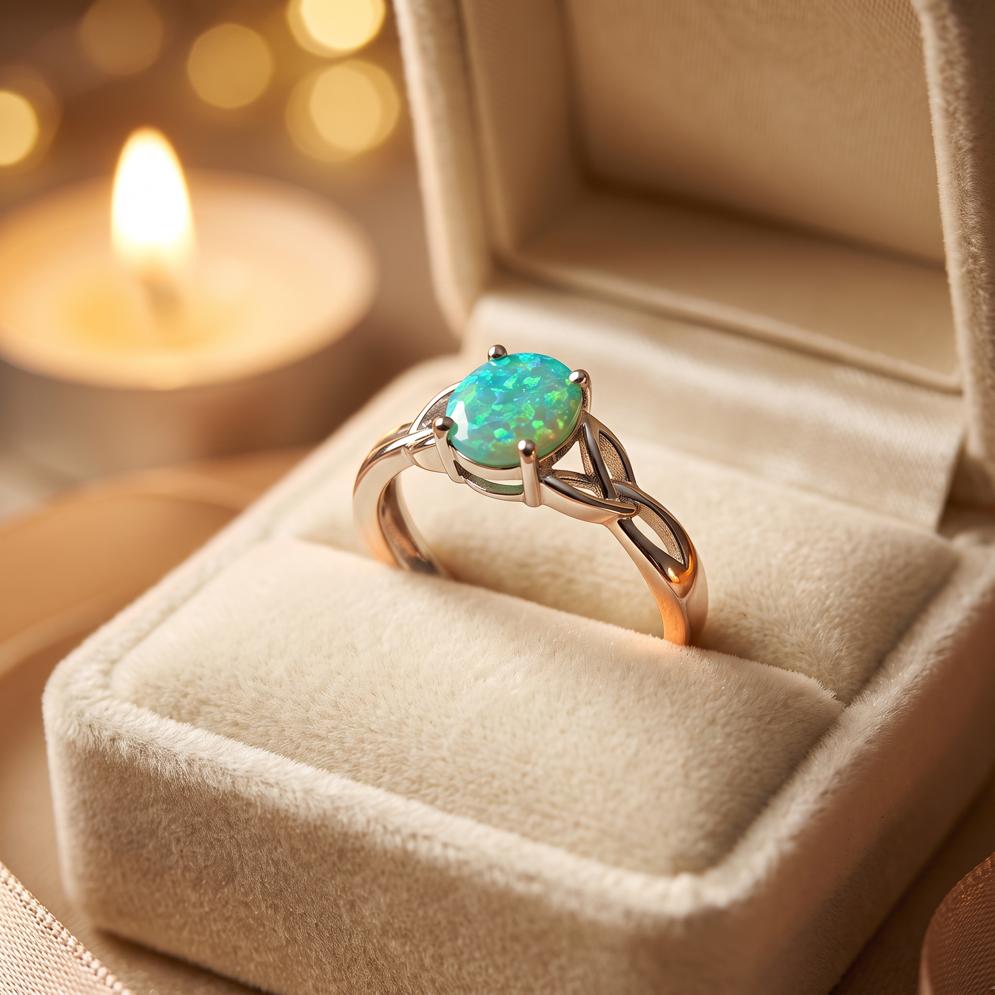 Sterling Silver Center Stone Charmed Green Lab Opal Ring gift box