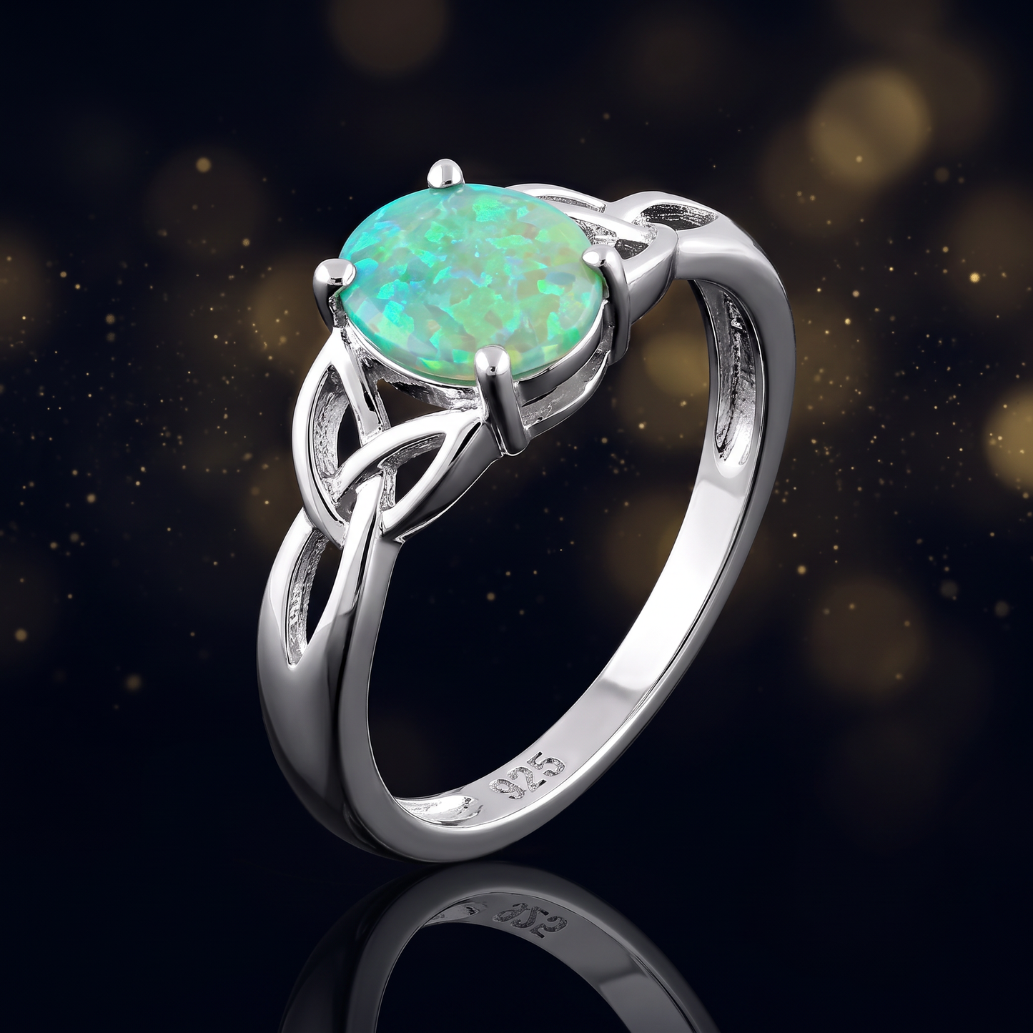 Sterling Silver Center Stone Charmed Green Lab Opal Ring close-up