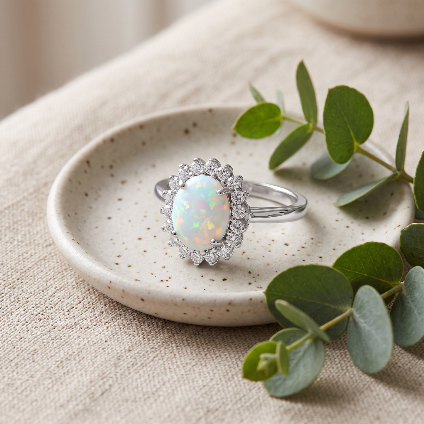 Sterling Silver Oval White Lab Opal CZ Ring styled