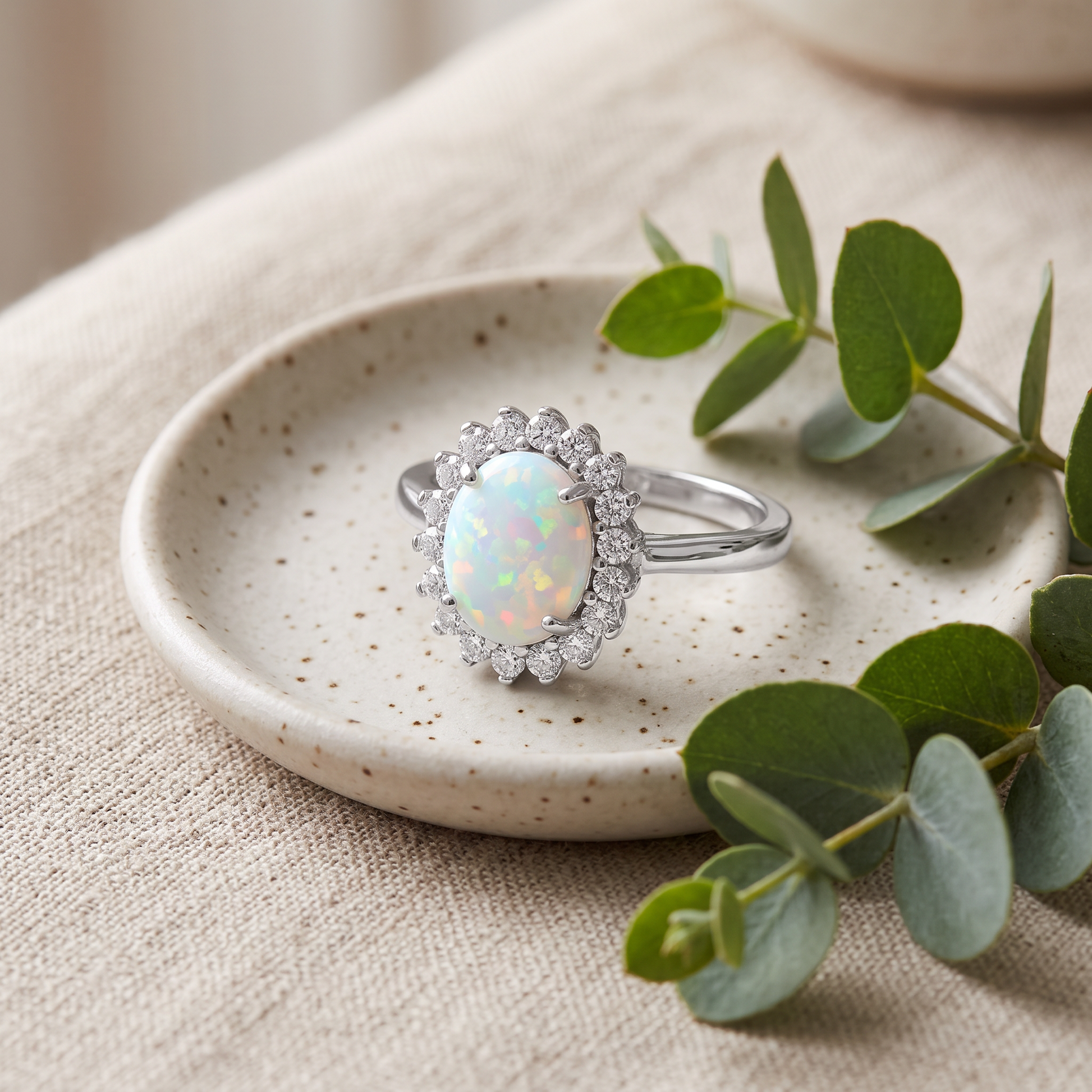 Sterling Silver Oval White Lab Opal CZ Ring styled
