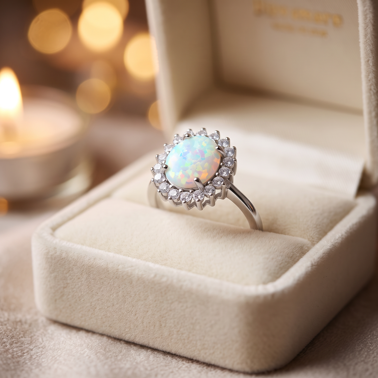 Sterling Silver Oval White Lab Opal CZ Ring gift box