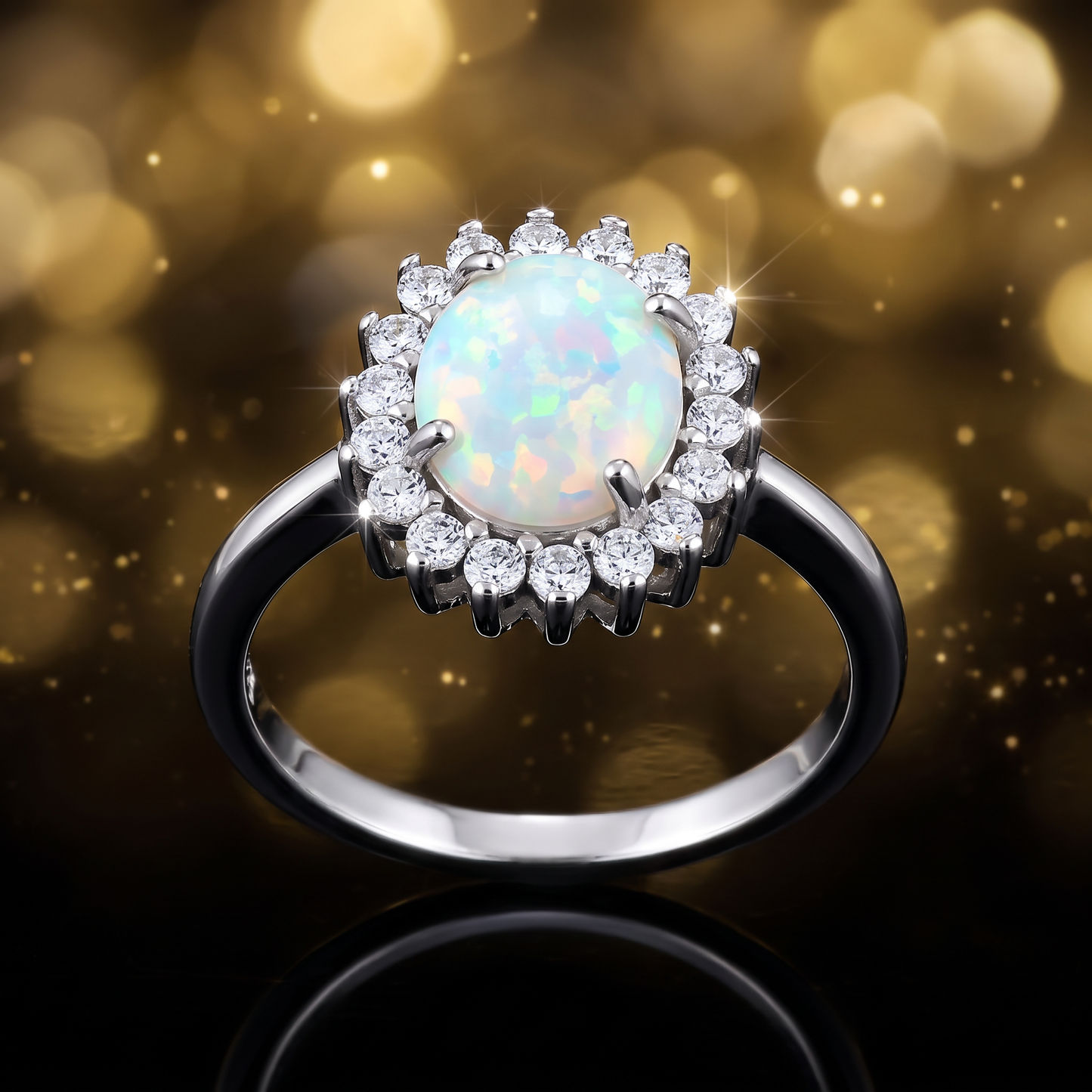 Sterling Silver Oval White Lab Opal CZ Ring close-up