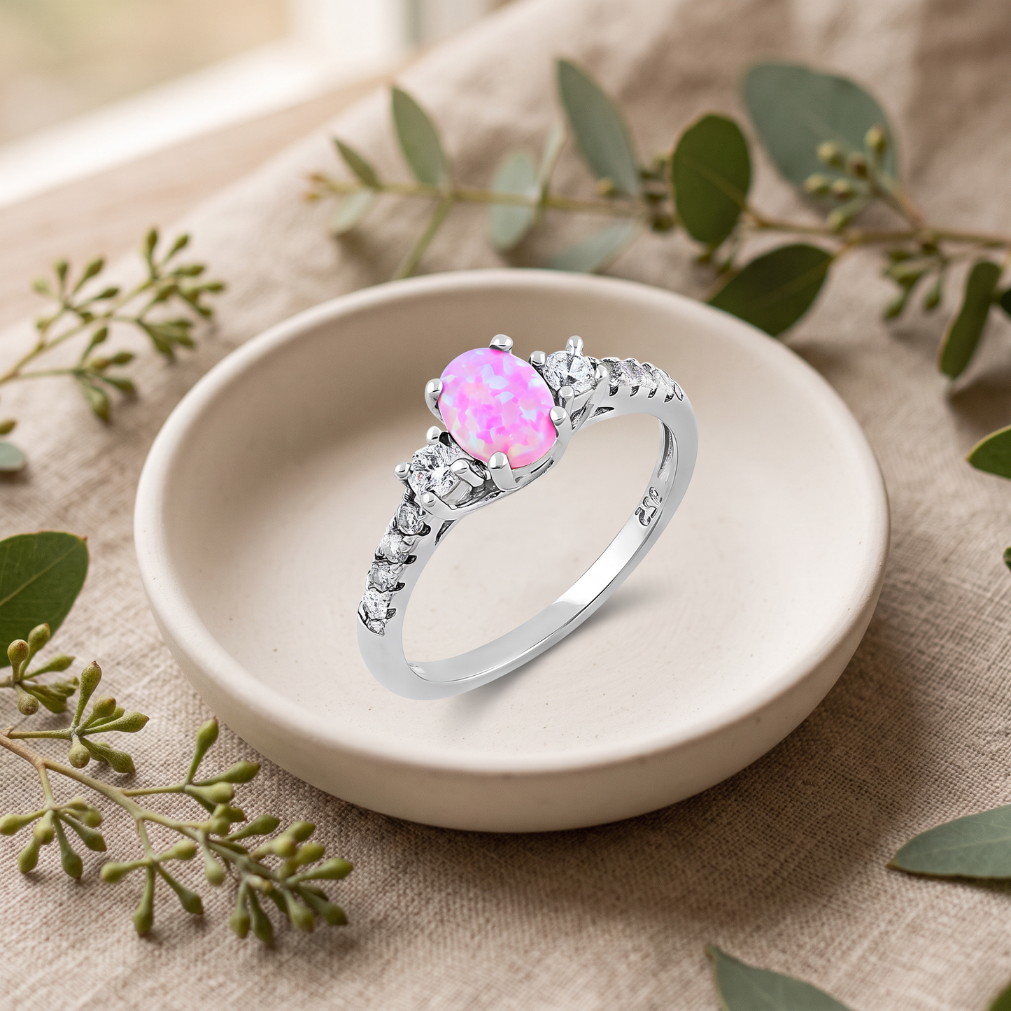 Sterling Silver Enchanted Oval Pink Lab Opal CZ Ring styled