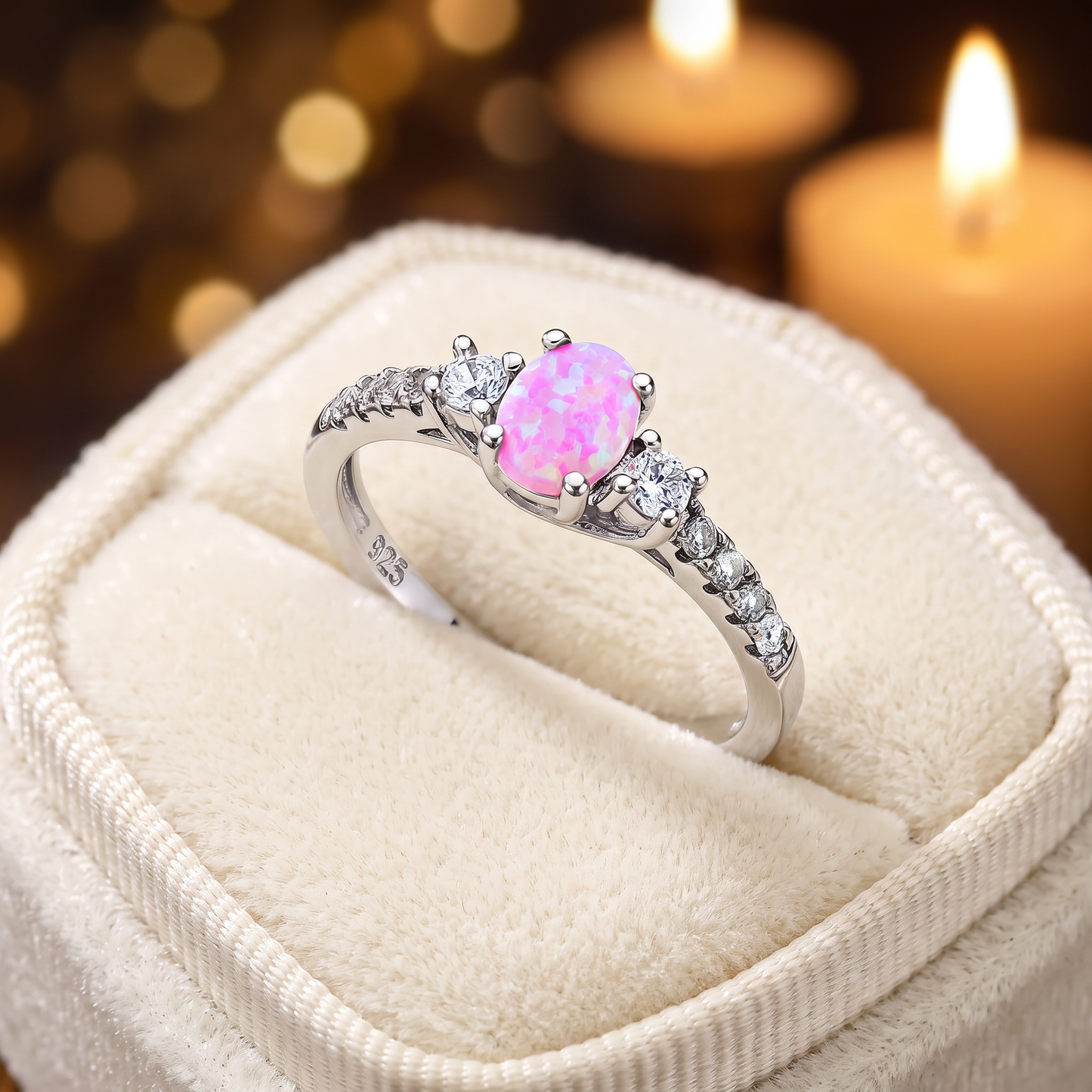 Sterling Silver Enchanted Oval Pink Lab Opal CZ Ring gift box