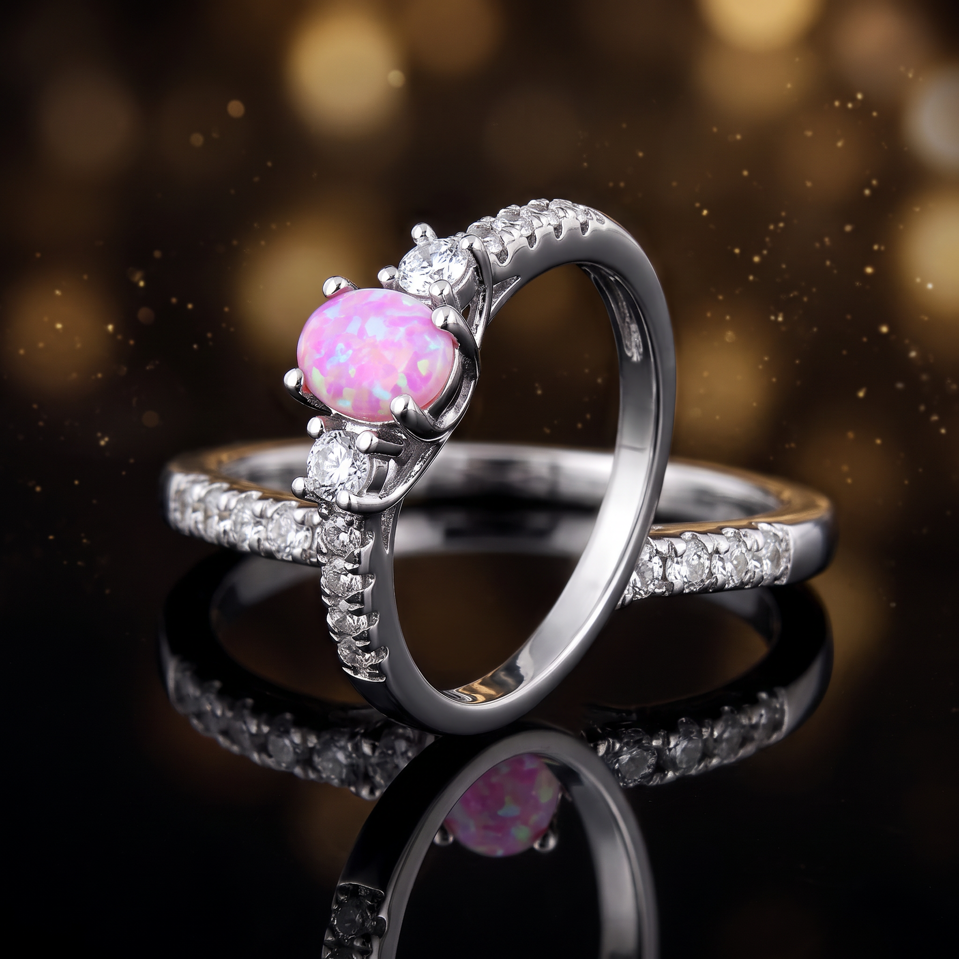 Sterling Silver Enchanted Oval Pink Lab Opal CZ Ring close-up