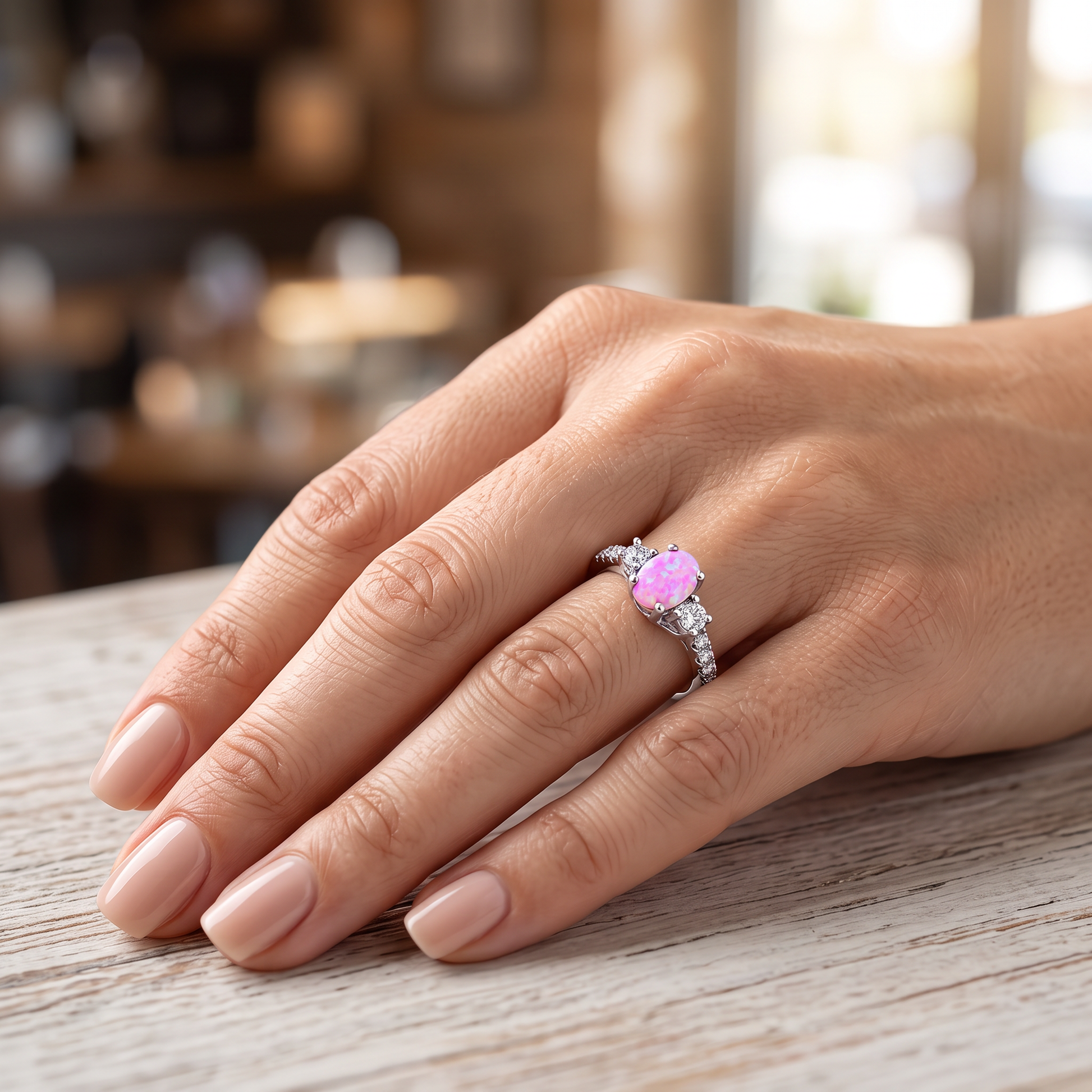 Sterling Silver Enchanted Oval Pink Lab Opal CZ Ring worn on hand
