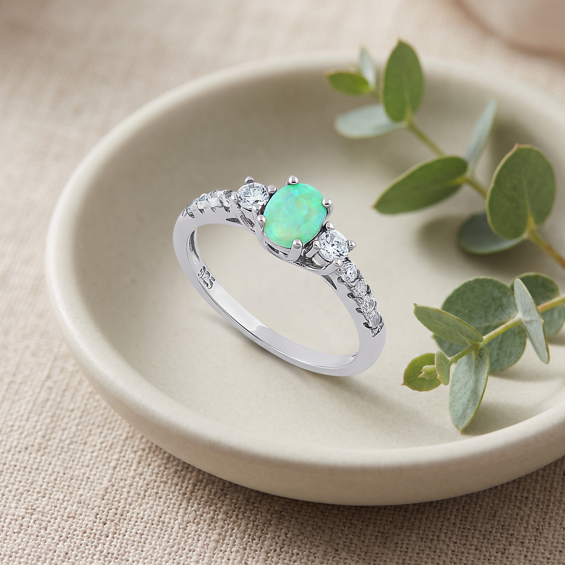 Sterling Silver Enchanted Oval Green Lab Opal CZ Ring styled
