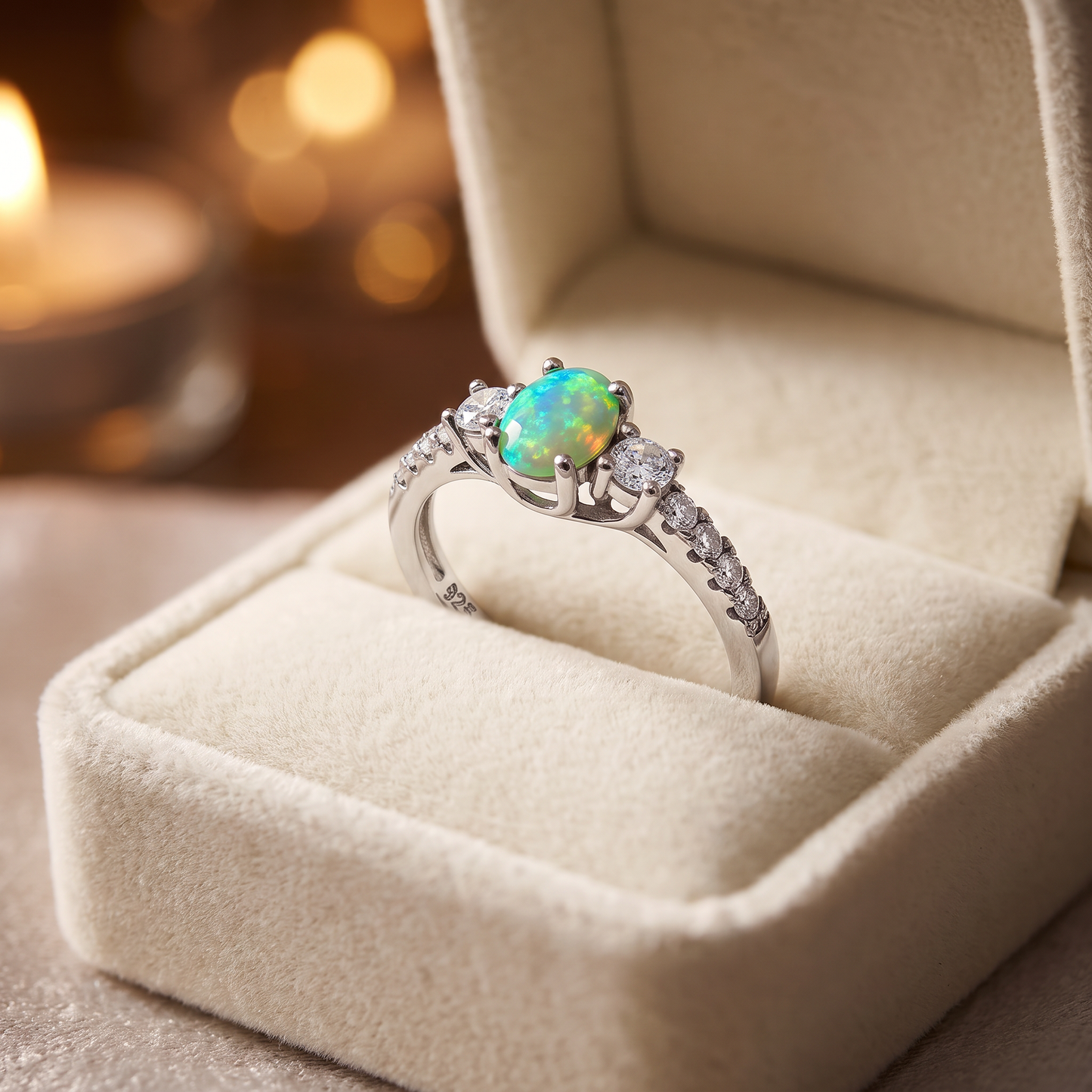 Sterling Silver Enchanted Oval Green Lab Opal CZ Ring gift box