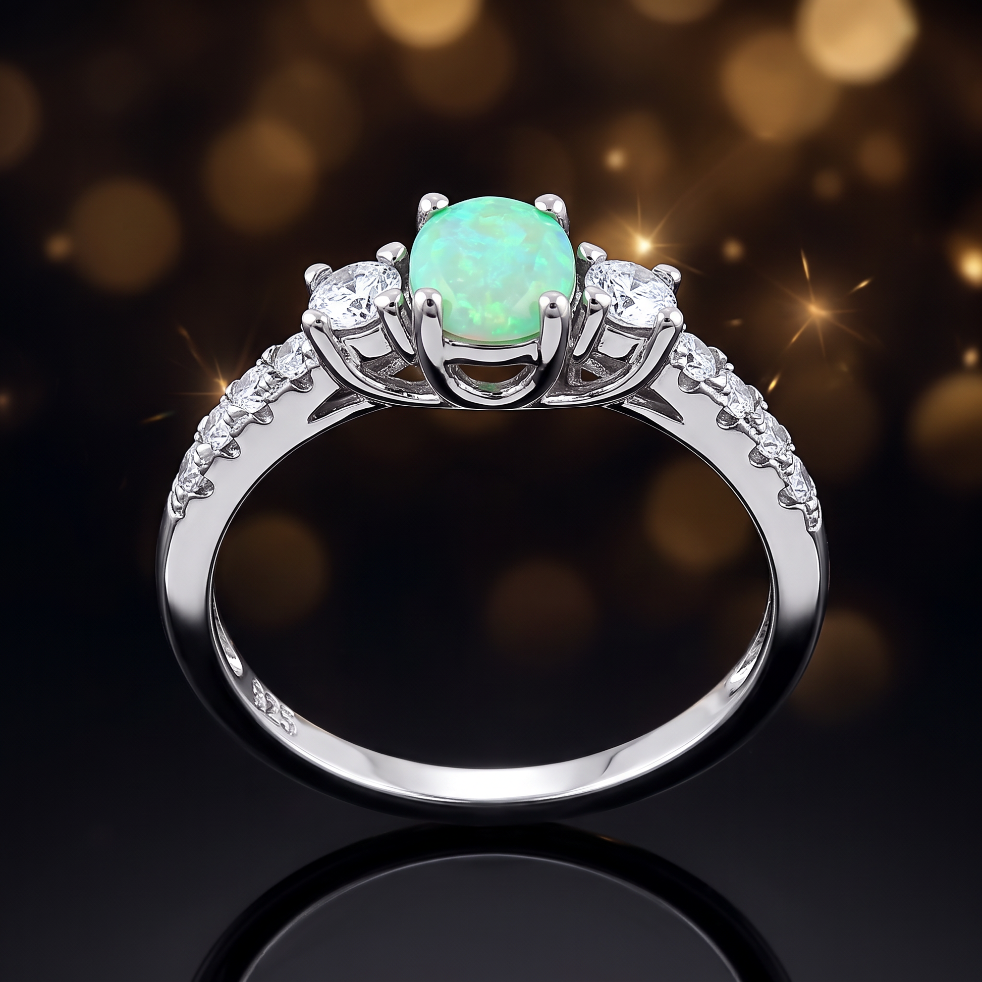 Sterling Silver Enchanted Oval Green Lab Opal CZ Ring close-up