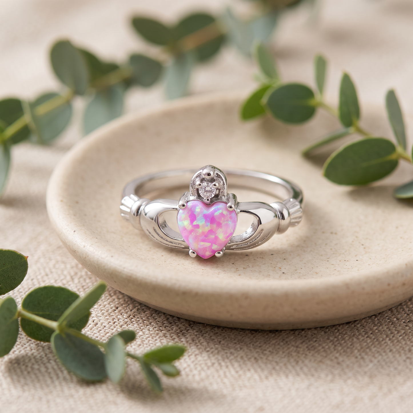 Sterling Silver Claddagh Pink Lab Opal CZ Ring styled