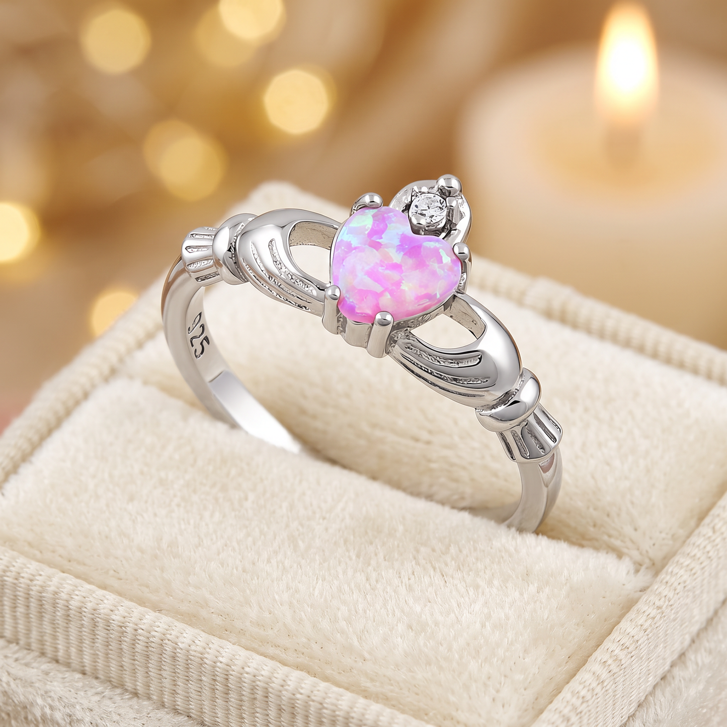 Sterling Silver Claddagh Pink Lab Opal CZ Ring gift box