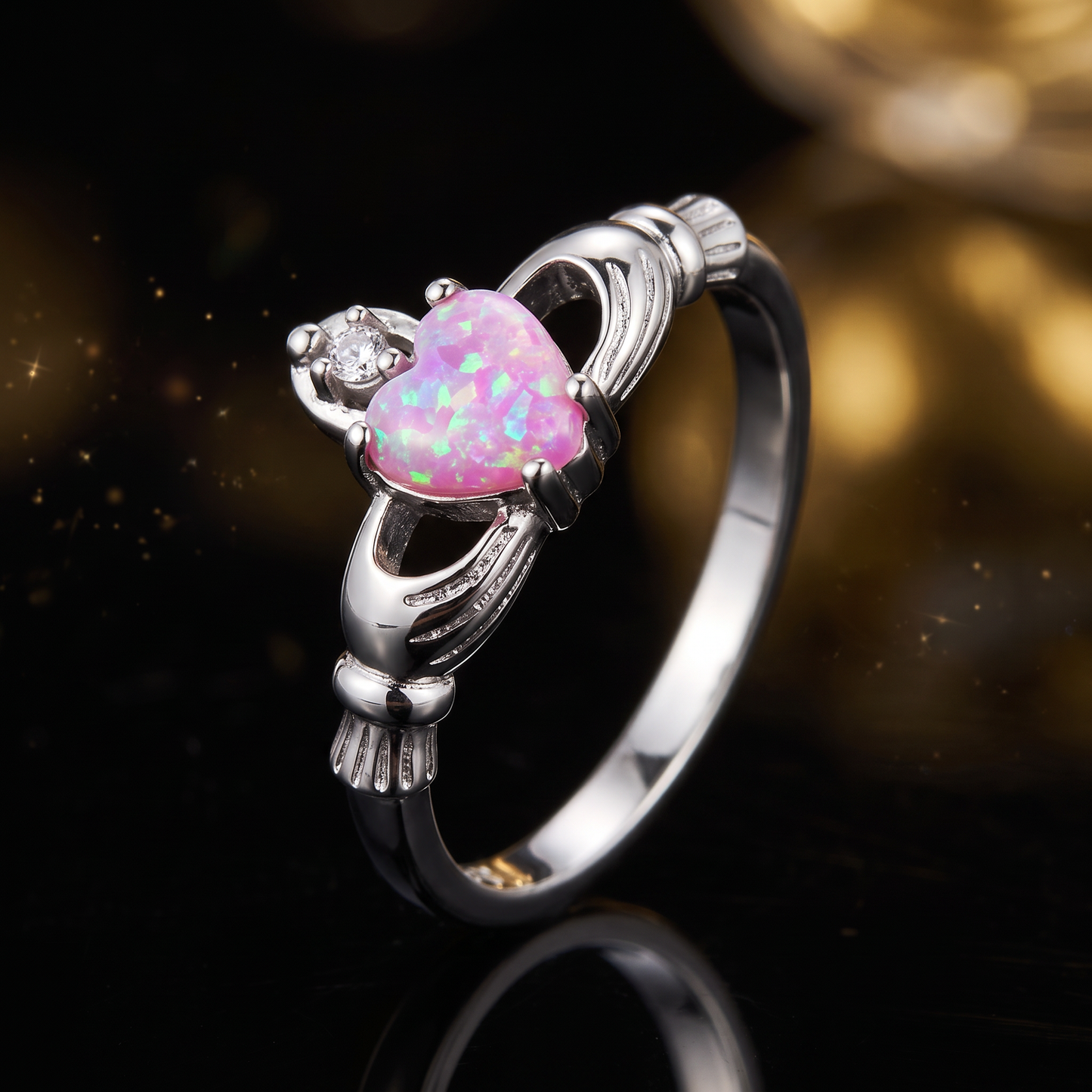 Sterling Silver Claddagh Pink Lab Opal CZ Ring close-up