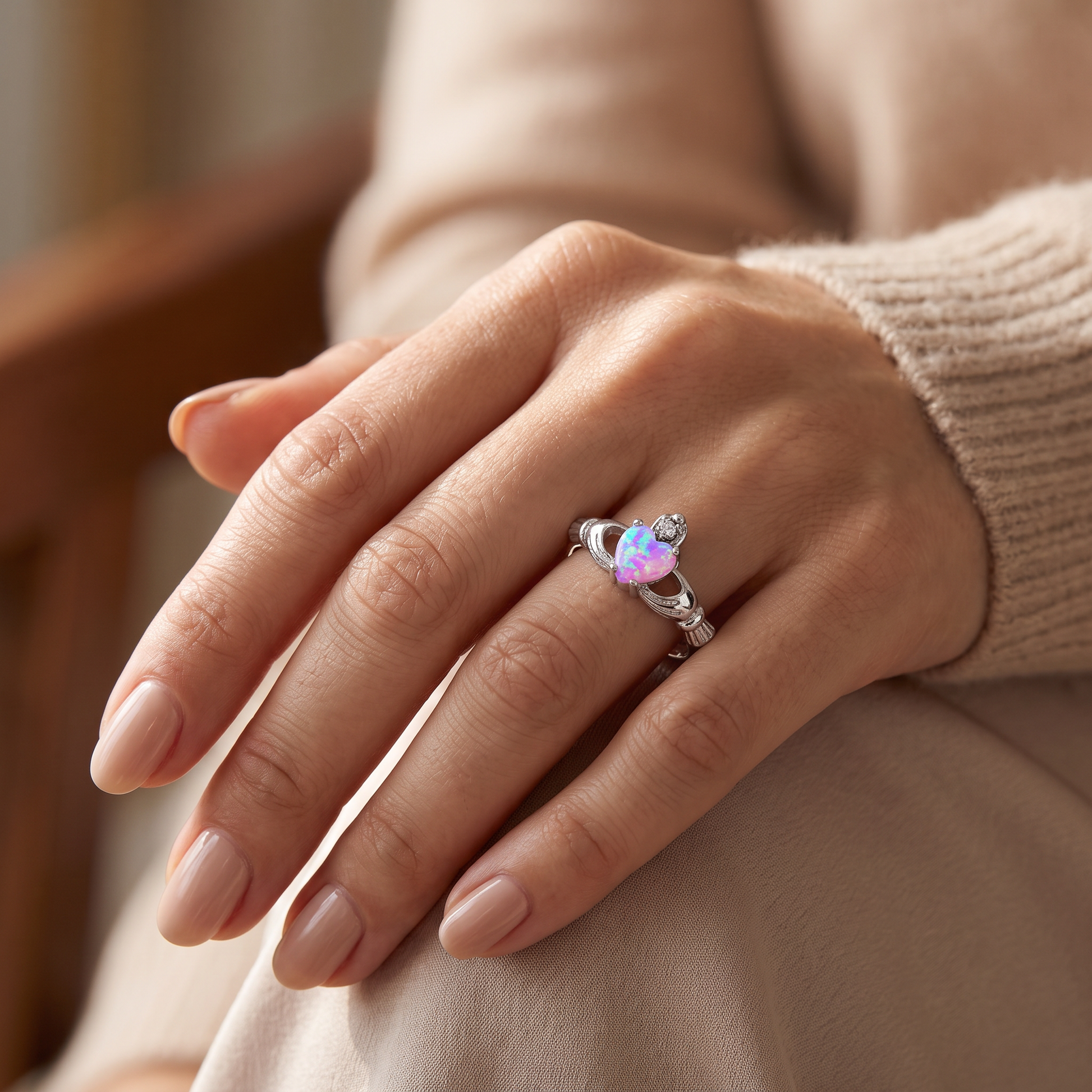 Sterling Silver Claddagh Pink Lab Opal CZ Ring worn on hand