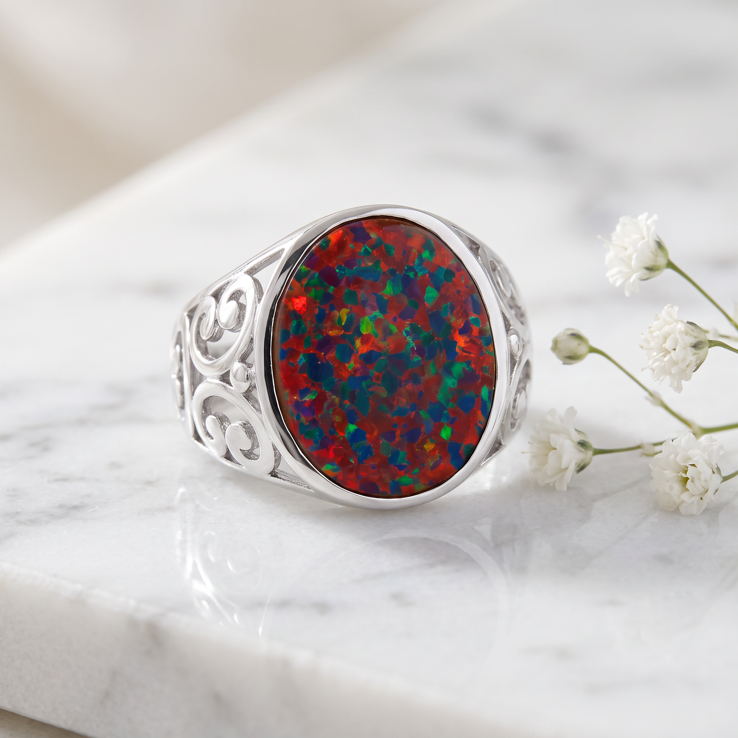 Sterling Silver Extravagant Black Lab Opal Ring on marble