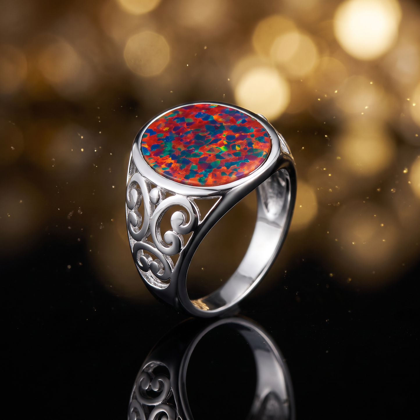 Sterling Silver Extravagant Black Lab Opal Ring close-up