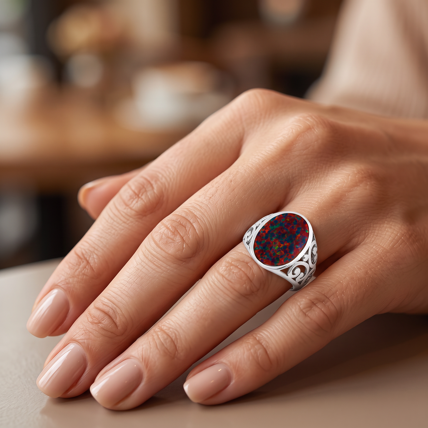 Sterling Silver Extravagant Black Lab Opal Ring worn on hand