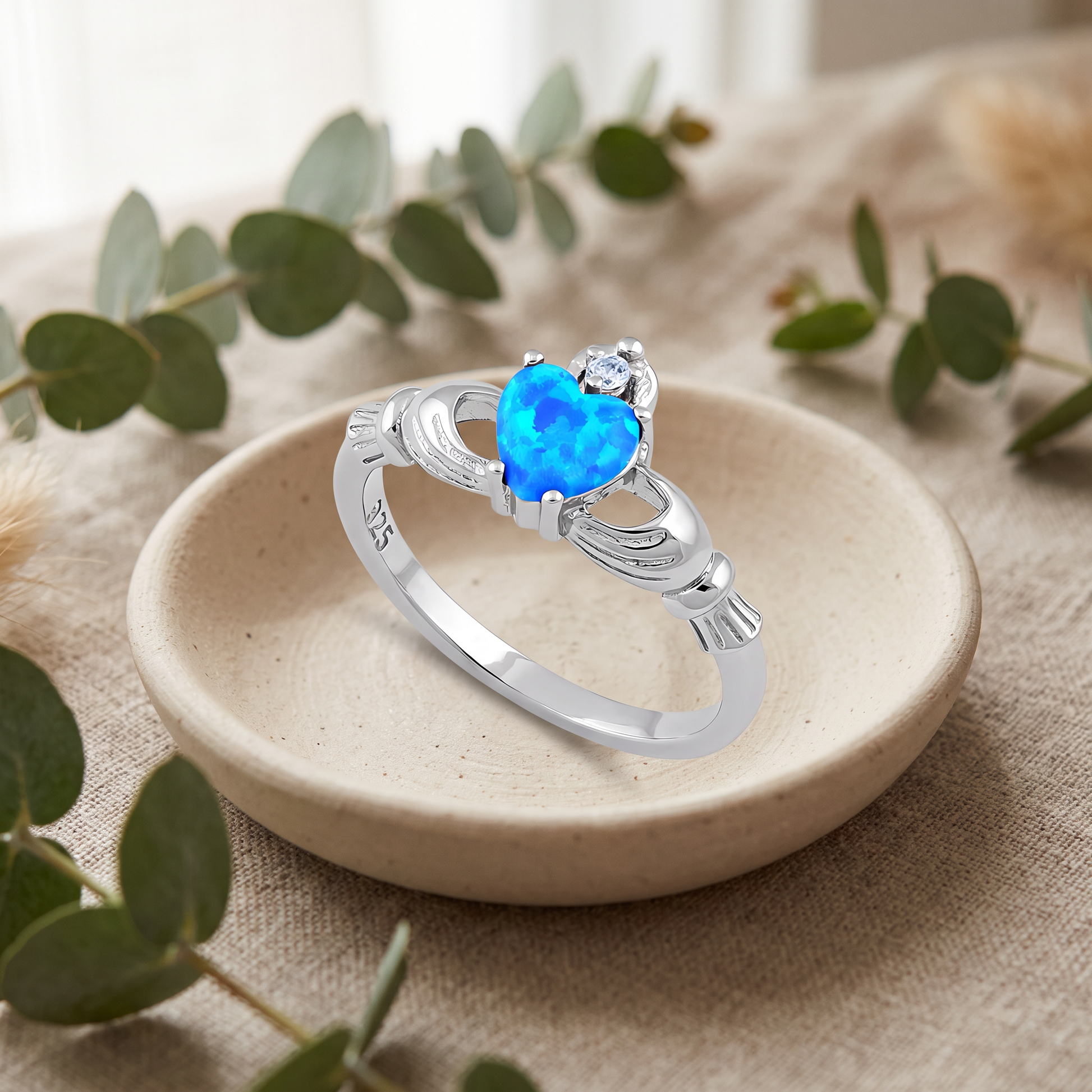 Sterling Silver Claddagh Lab Opal CZ Ring styled