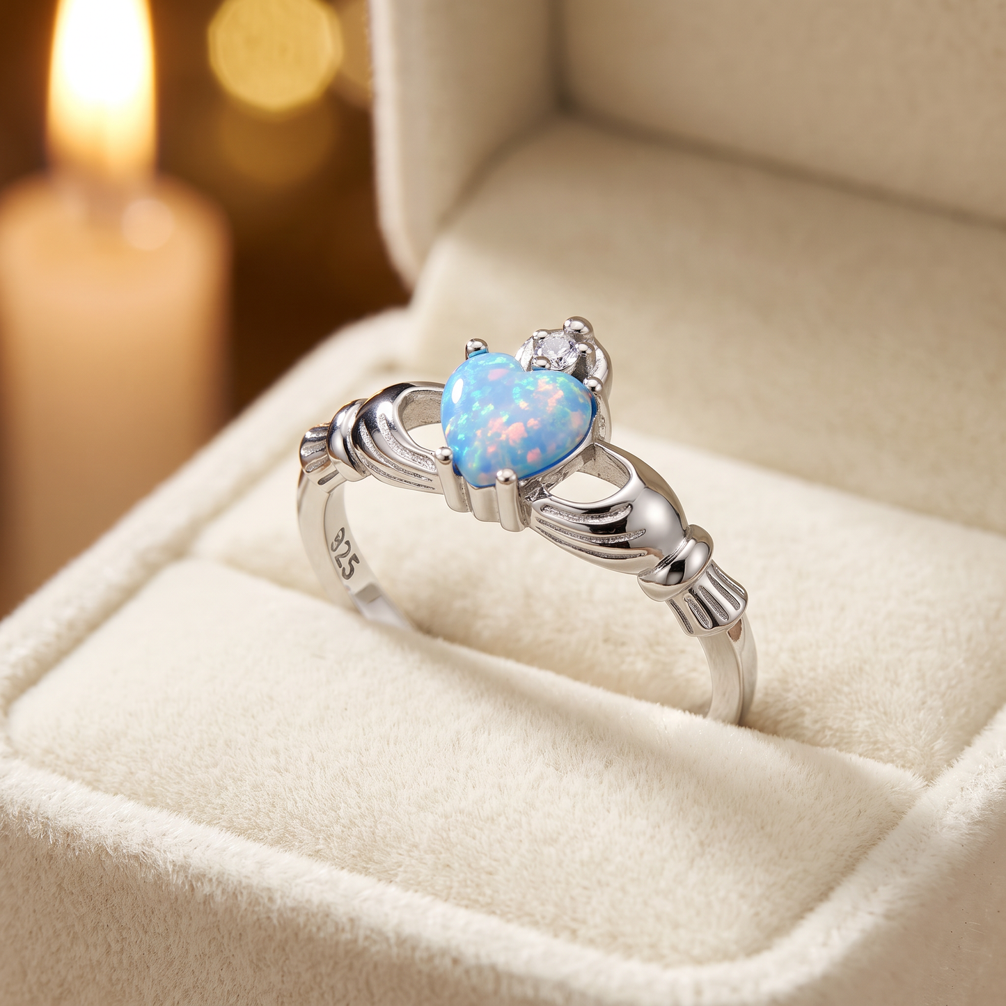 Sterling Silver Claddagh Lab Opal CZ Ring gift box