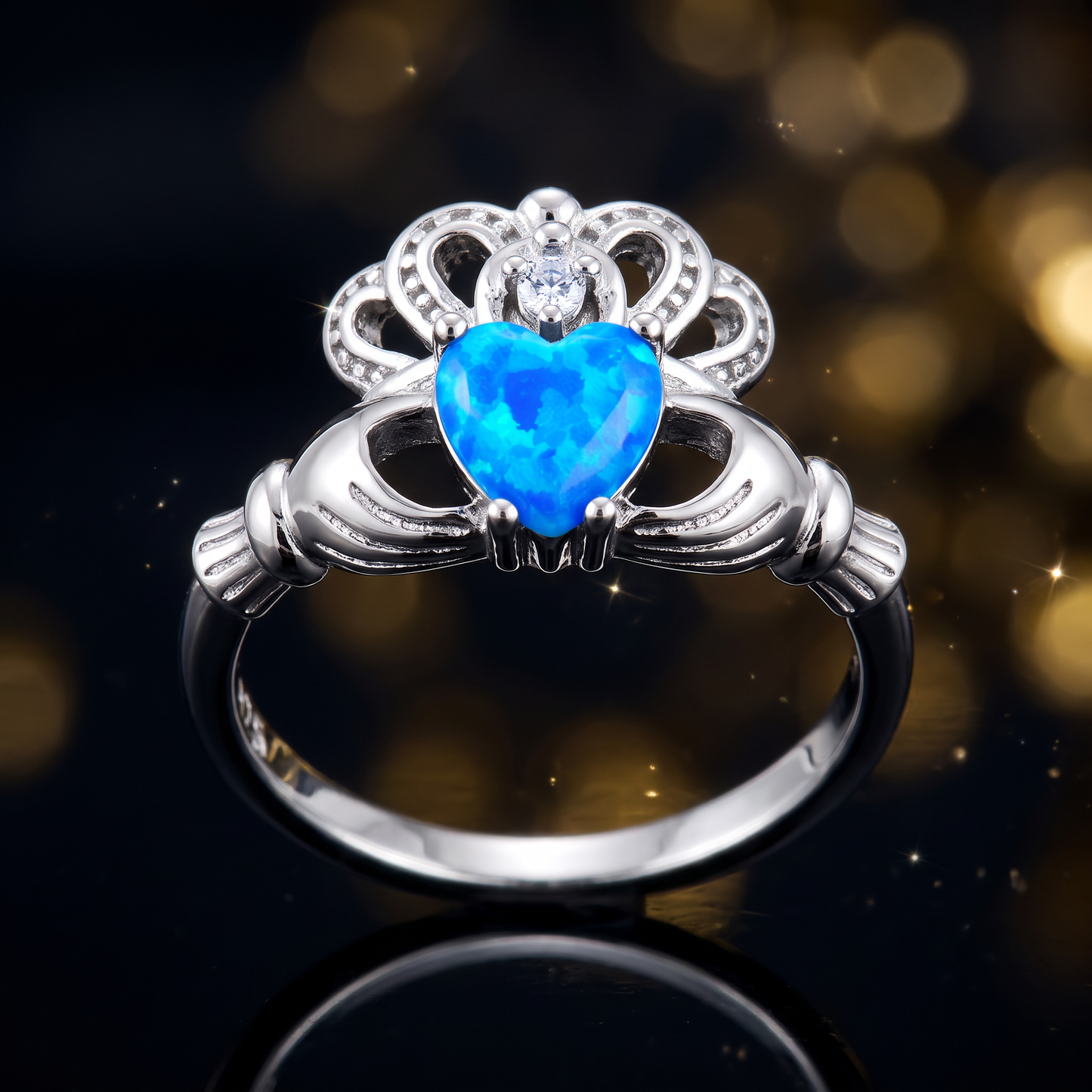 Sterling Silver Claddagh Lab Opal CZ Ring close-up