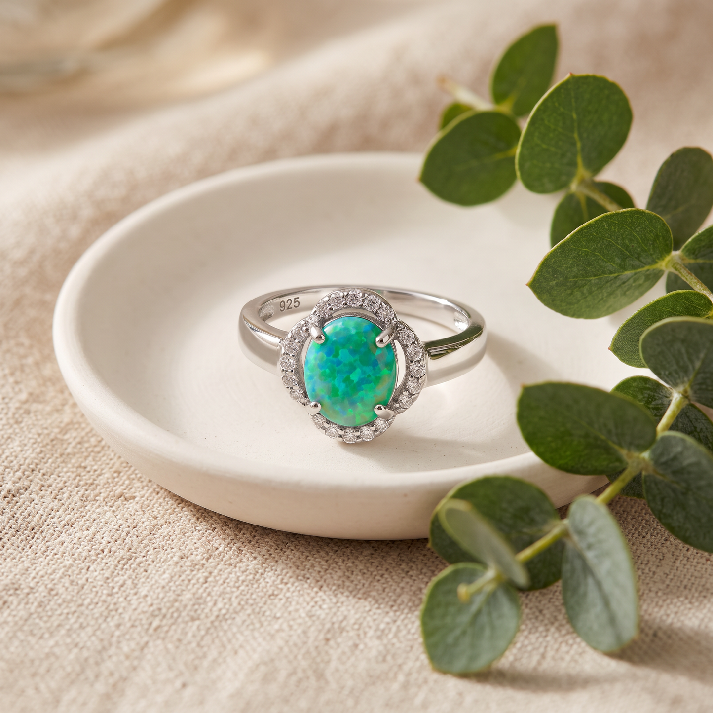 Sterling Silver Green Lab-Opal Oval Halo CZ Ring styled