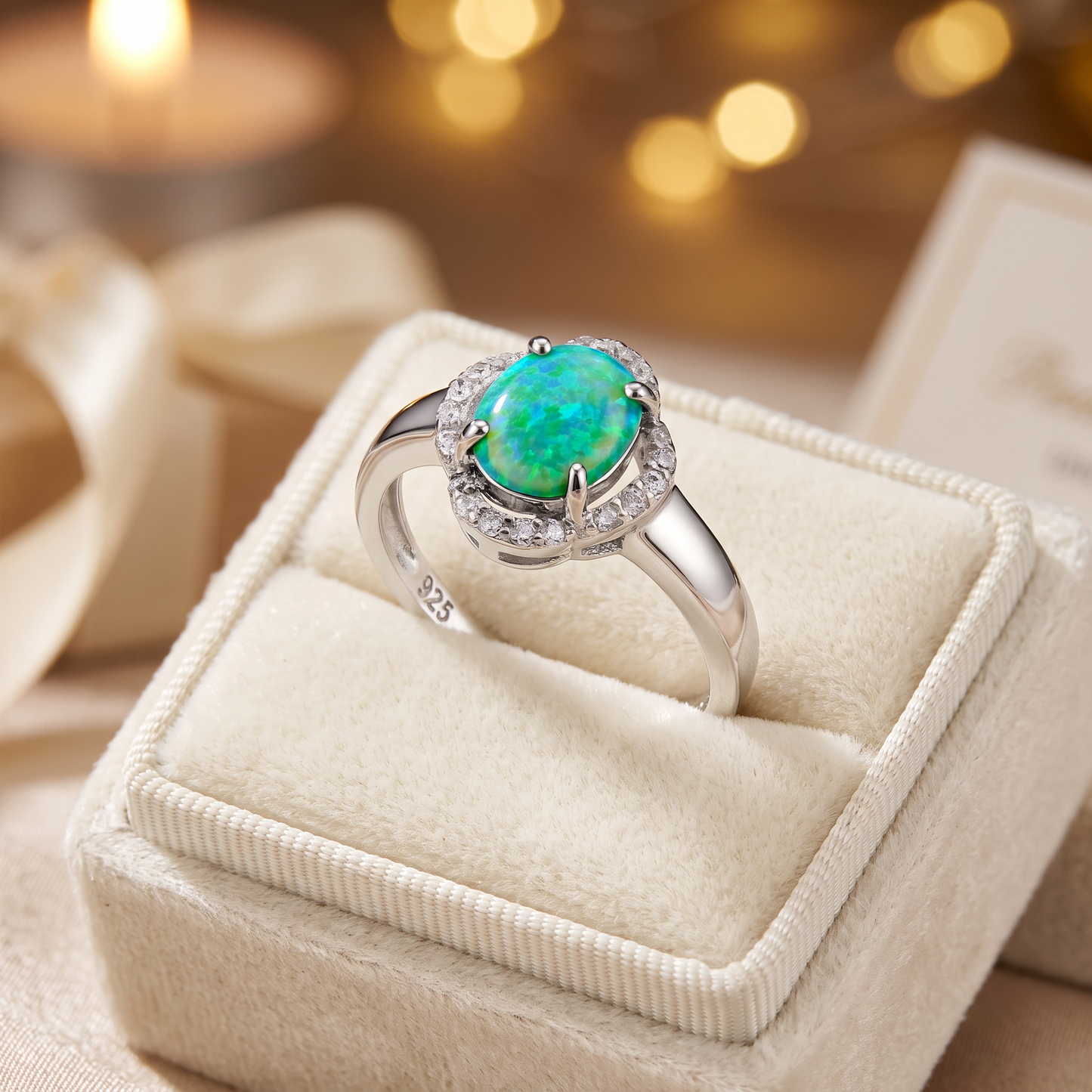 Sterling Silver Green Lab-Opal Oval Halo CZ Ring gift box