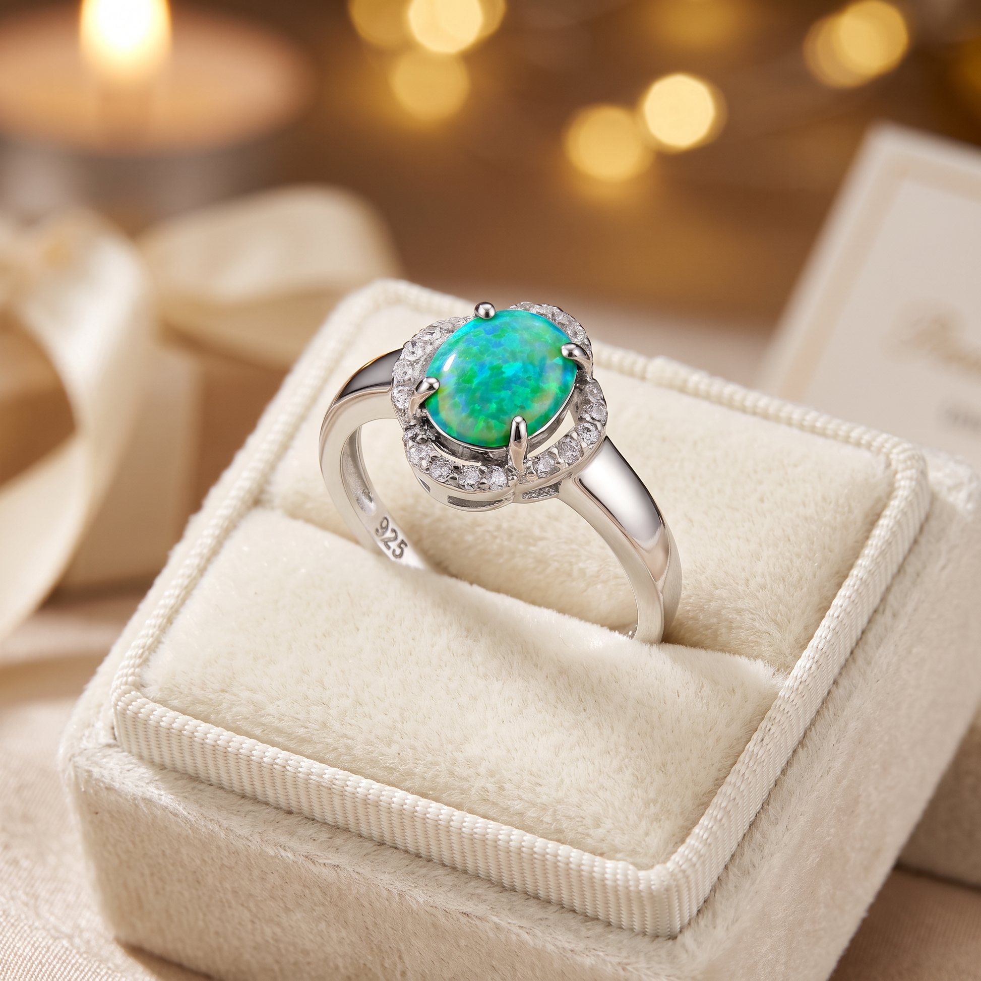 Sterling Silver Green Lab-Opal Oval Halo CZ Ring gift box