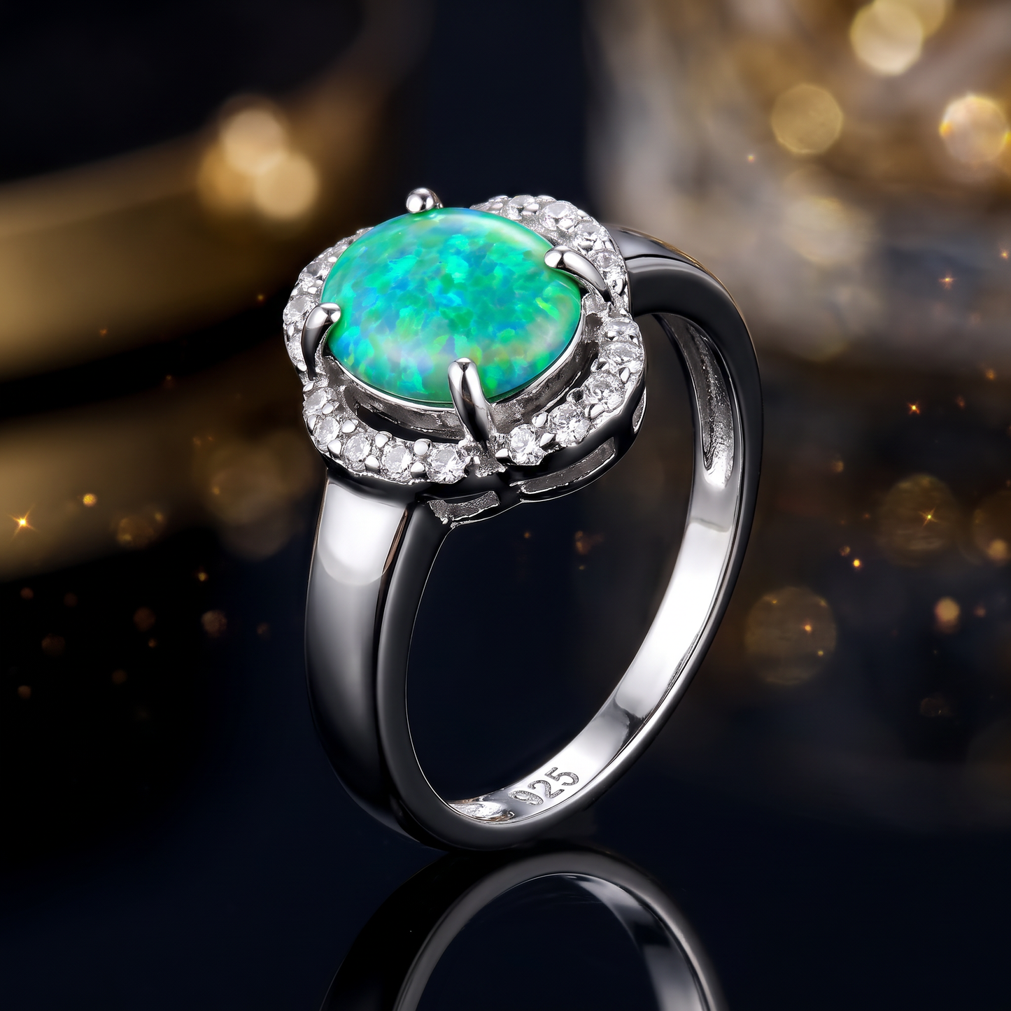 Sterling Silver Green Lab-Opal Oval Halo CZ Ring close-up