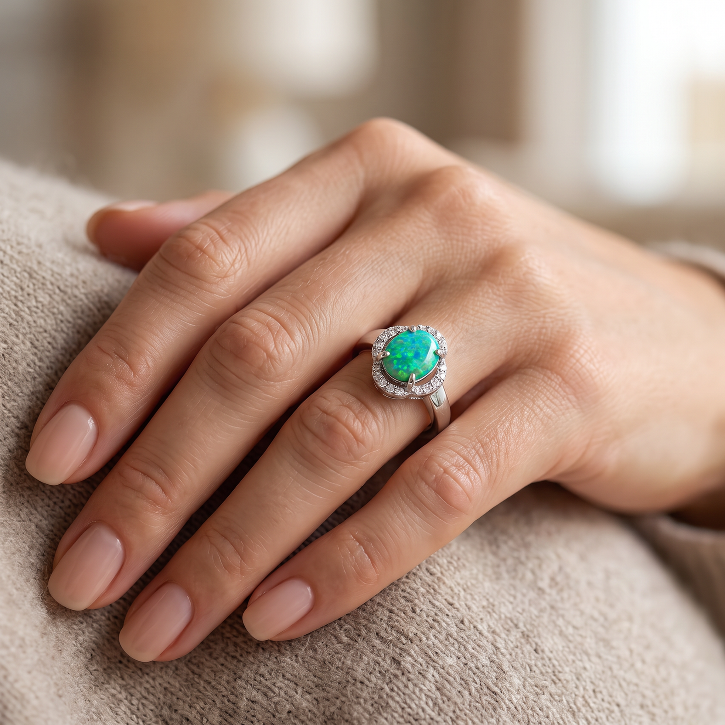 Sterling Silver Green Lab-Opal Oval Halo CZ Ring worn on hand